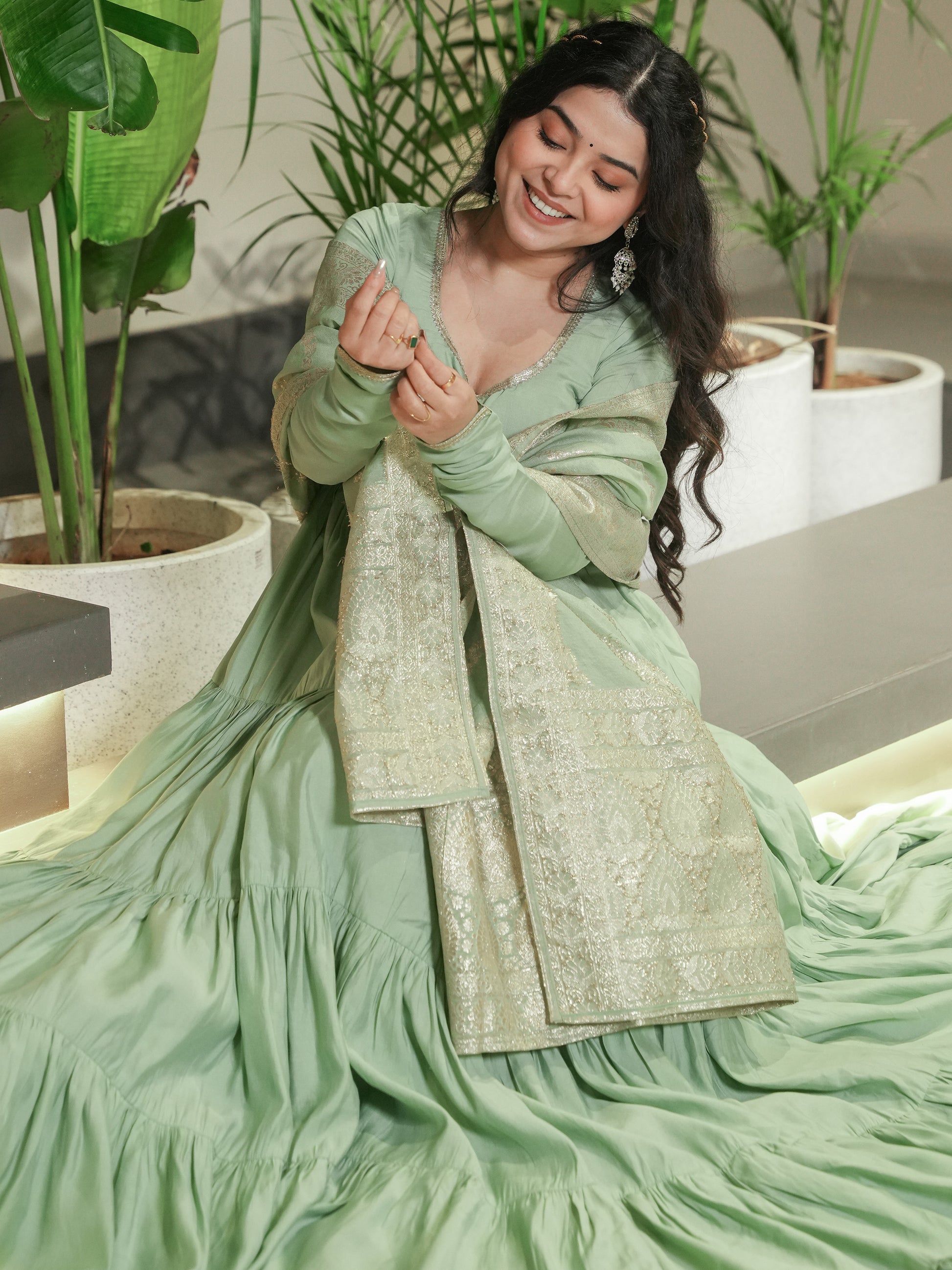 Fabulous Pista Green Chanderi Anarkali Suit With Banarasi Silk Dupatta