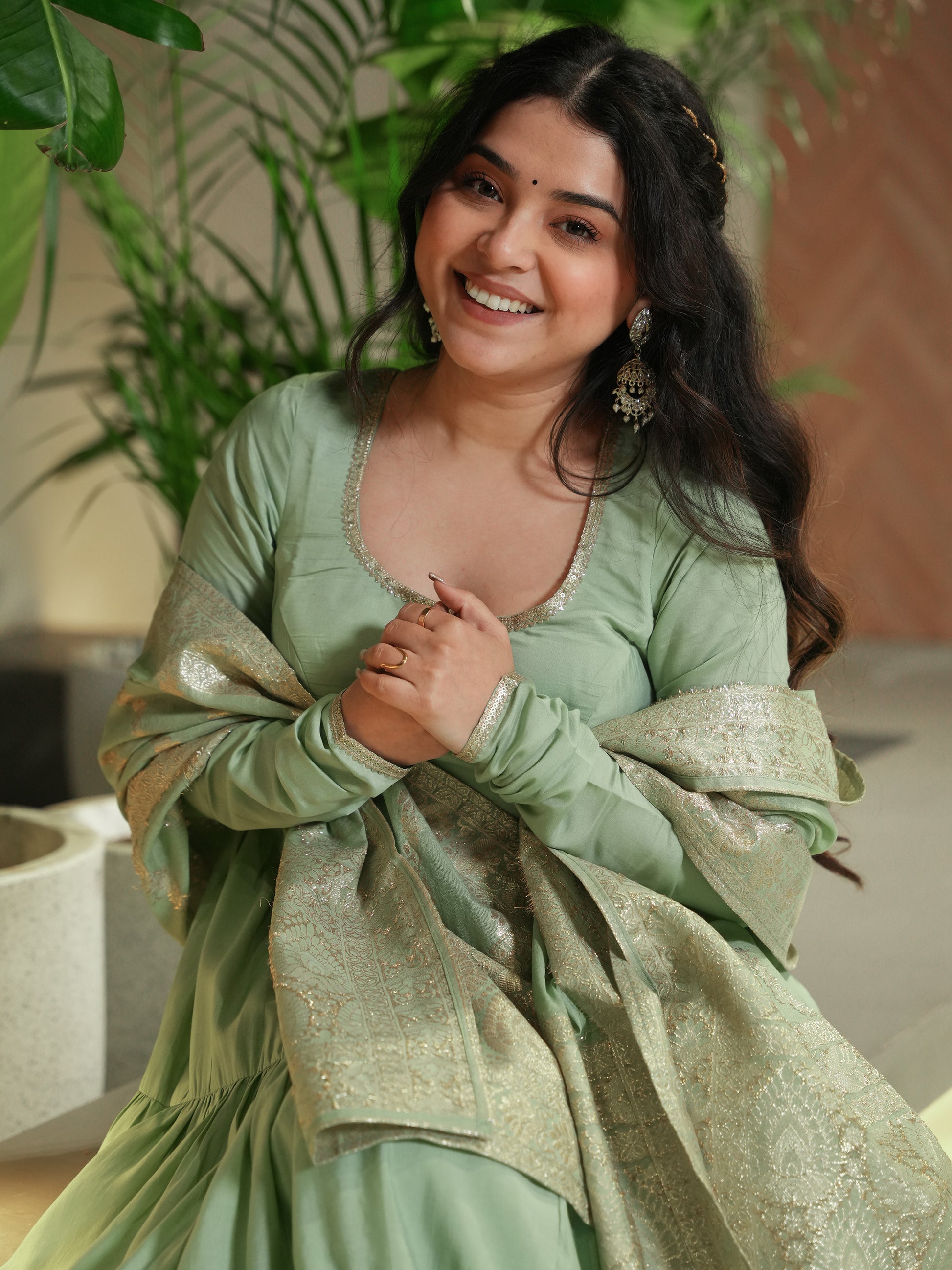 Fabulous Pista Green Chanderi Anarkali Suit With Banarasi Silk Dupatta