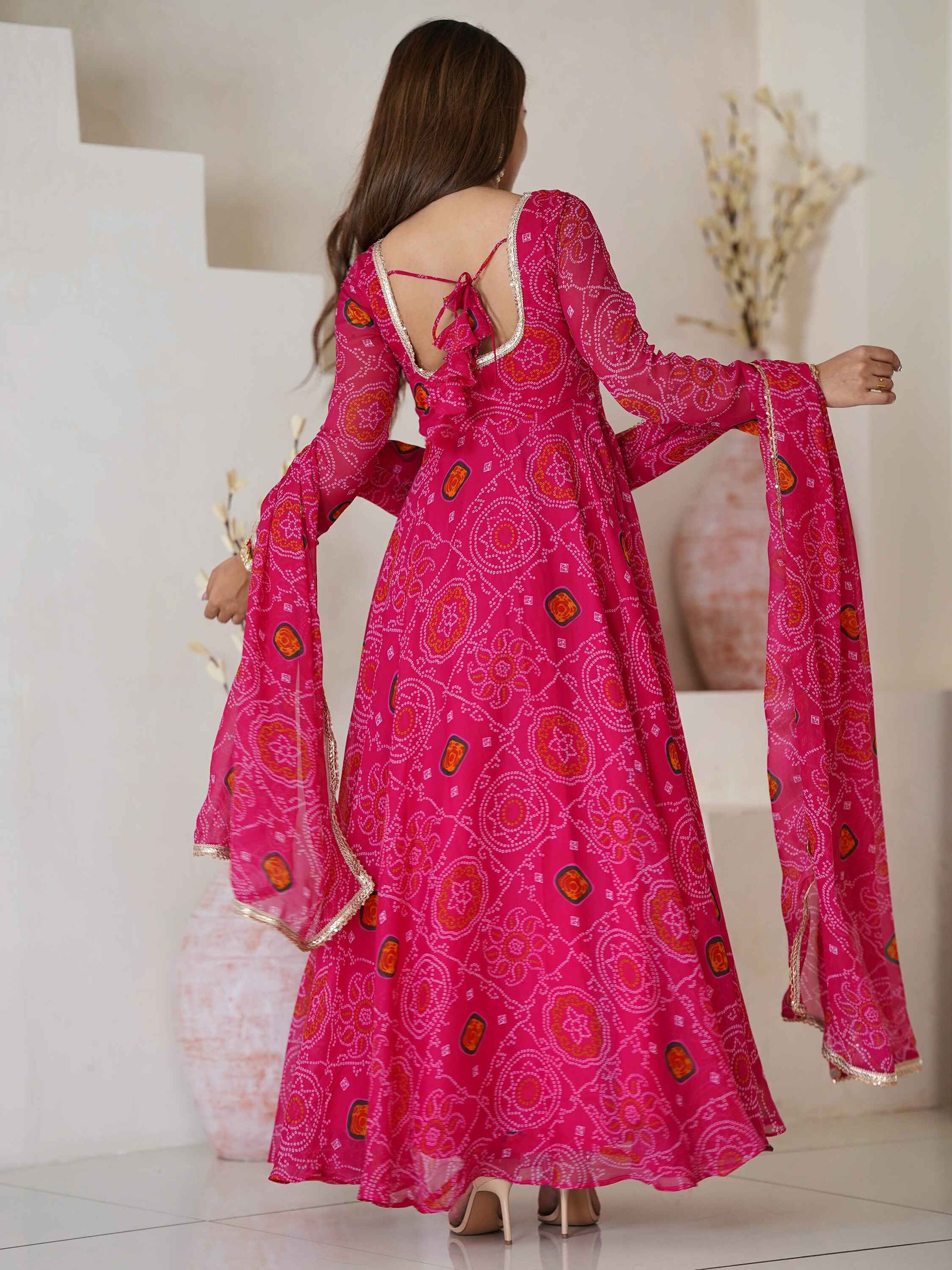 Awesome Pink Bandhej Print Georgette Event Wear Anarkali Suit