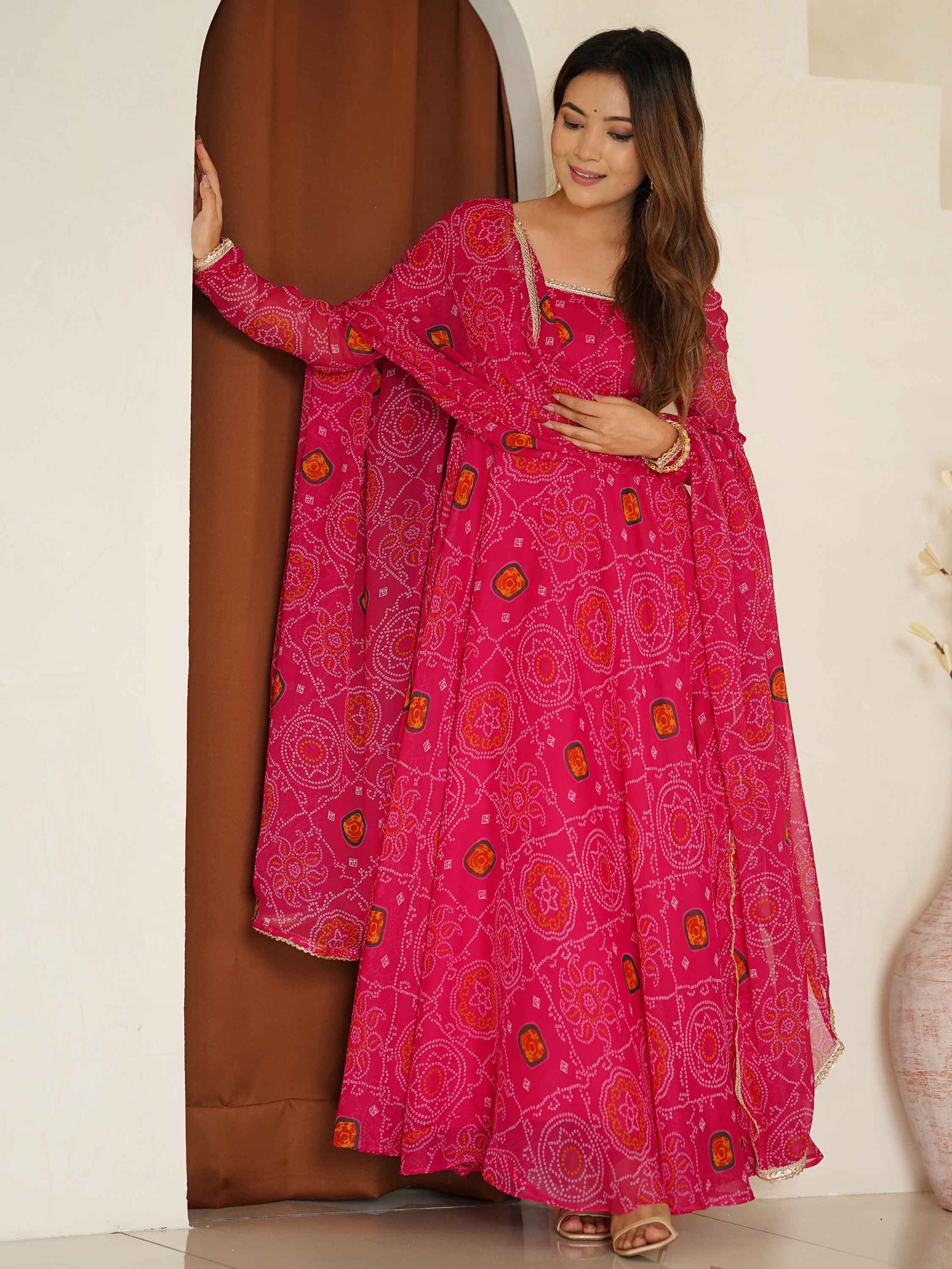 Awesome Pink Bandhej Print Georgette Event Wear Anarkali Suit