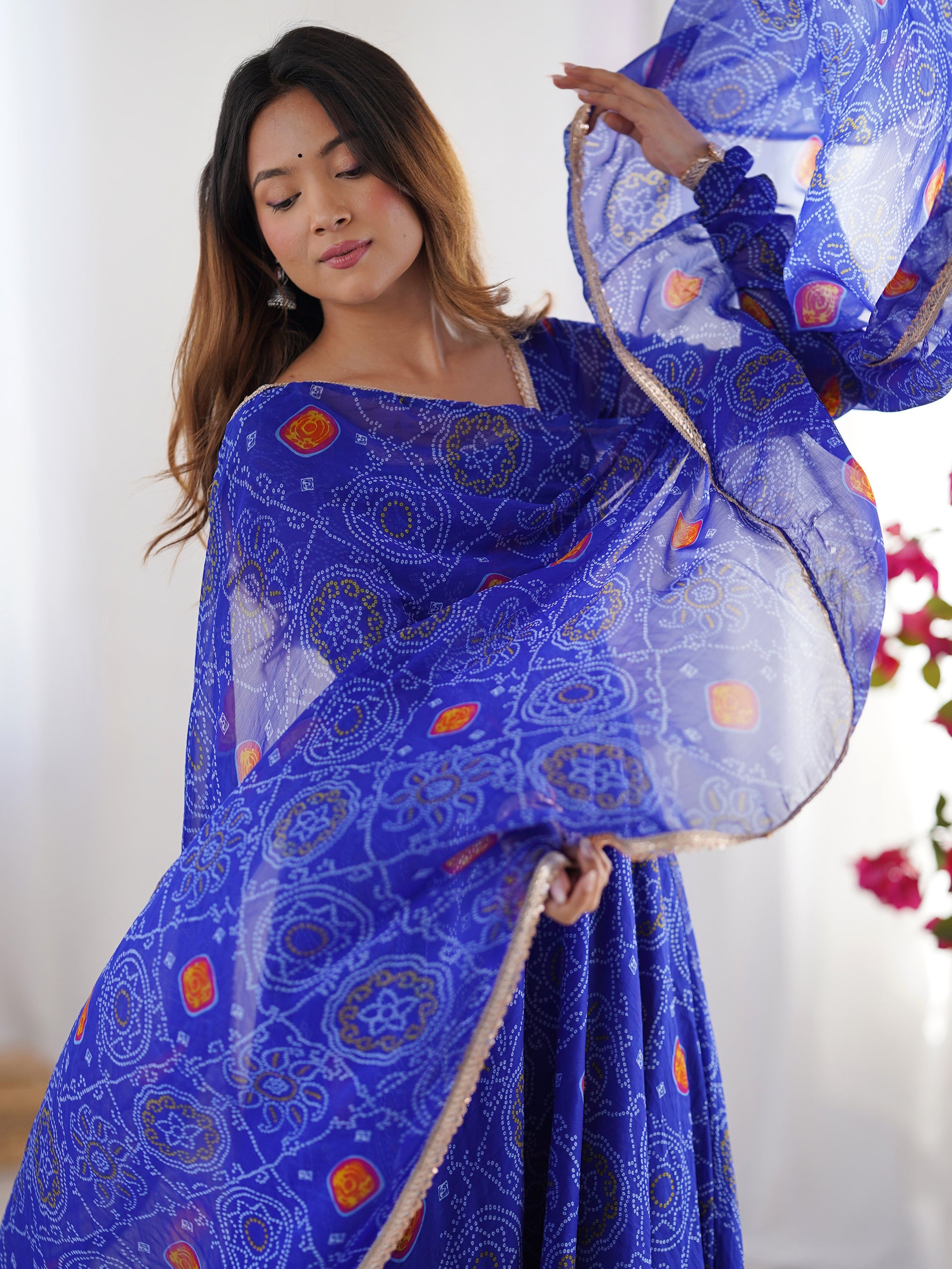 Pretty Royal Blue Bandhani Printed Georgette Festival Wear Anarkali Suit