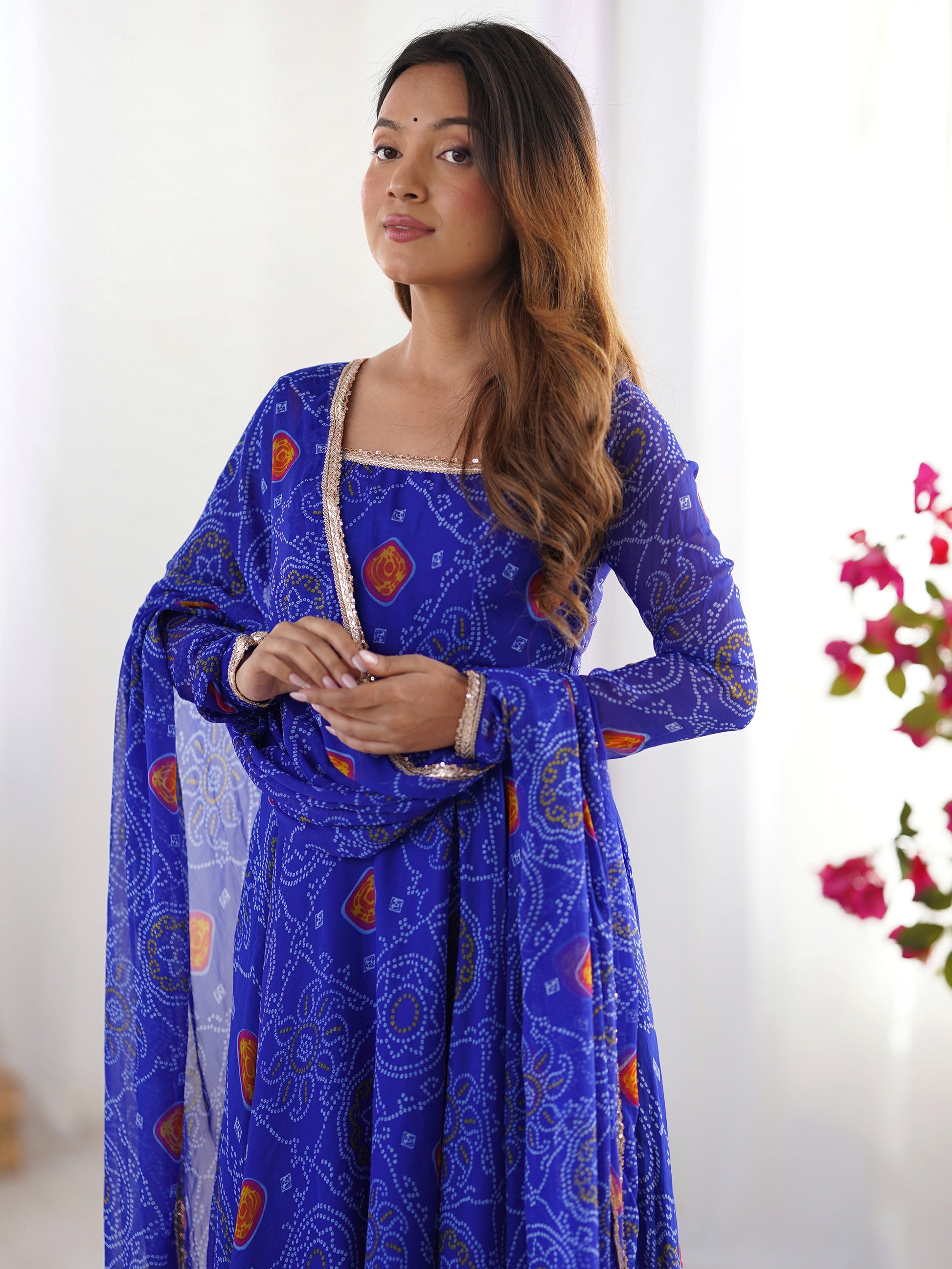 Pretty Royal Blue Bandhani Printed Georgette Festival Wear Anarkali Suit
