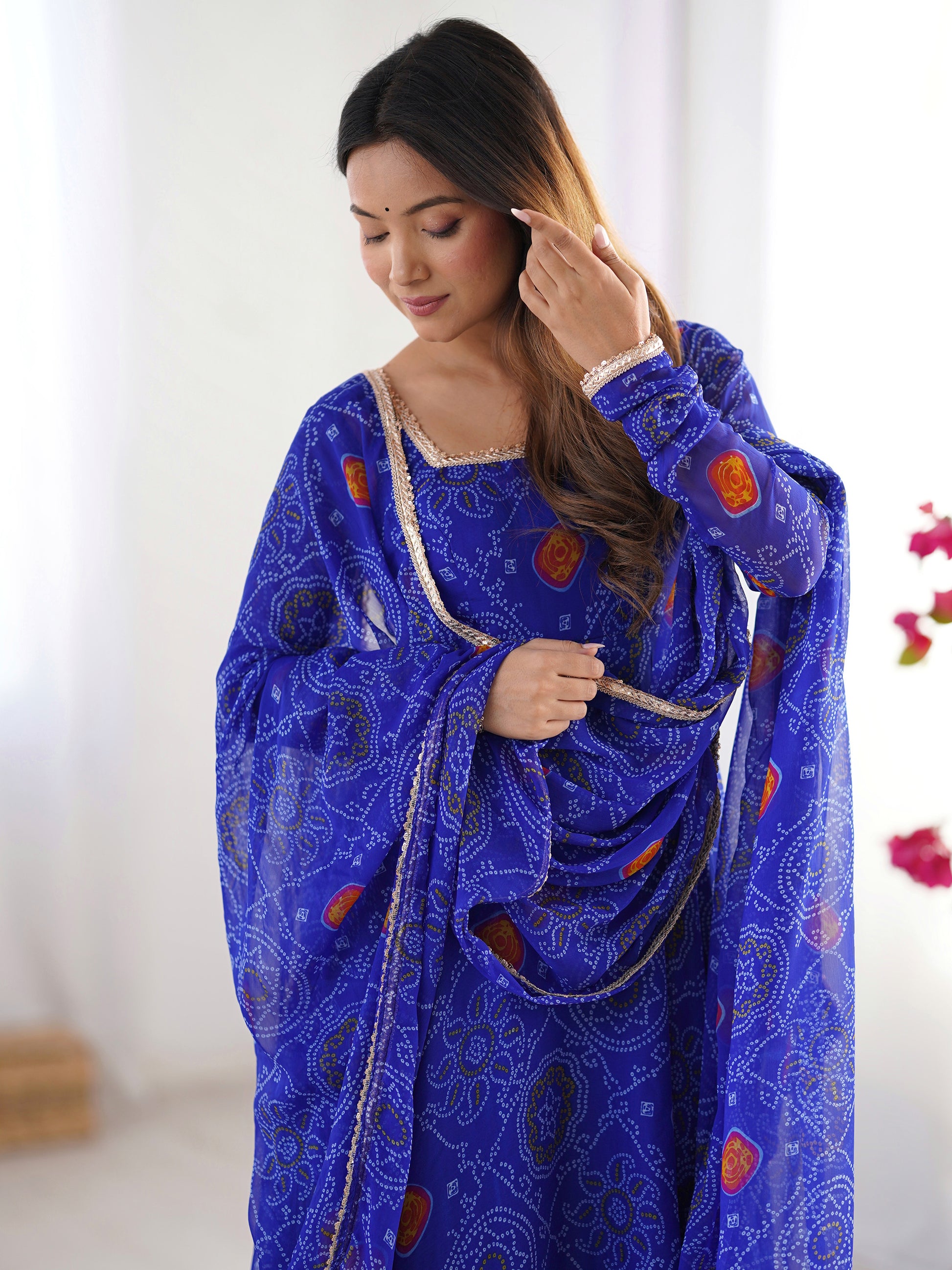 Pretty Royal Blue Bandhani Printed Georgette Festival Wear Anarkali Suit