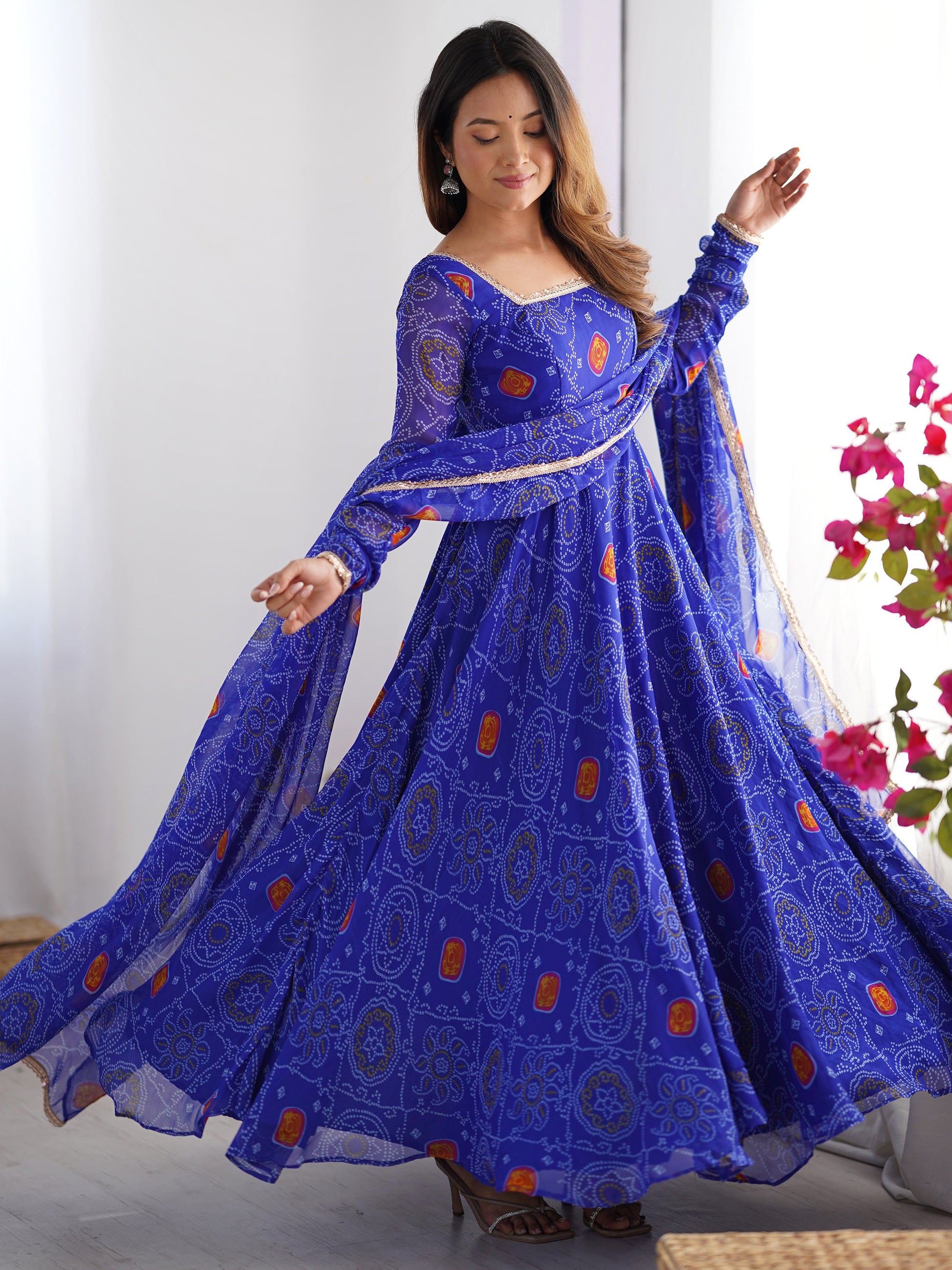 Pretty Royal Blue Bandhani Printed Georgette Festival Wear Anarkali Suit