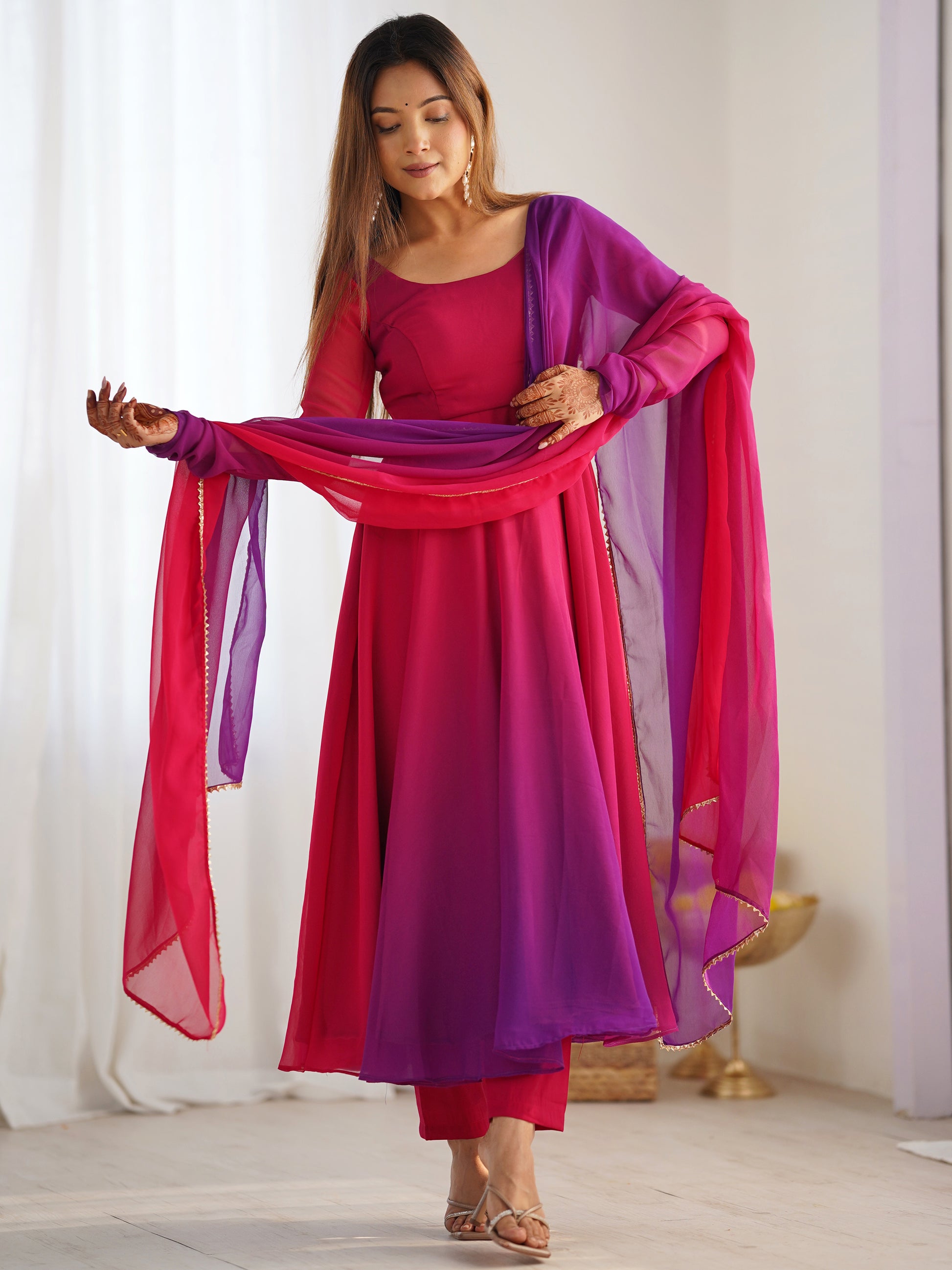 Charming Hot Pink Georgette Festive Wear Gown With Dupatta