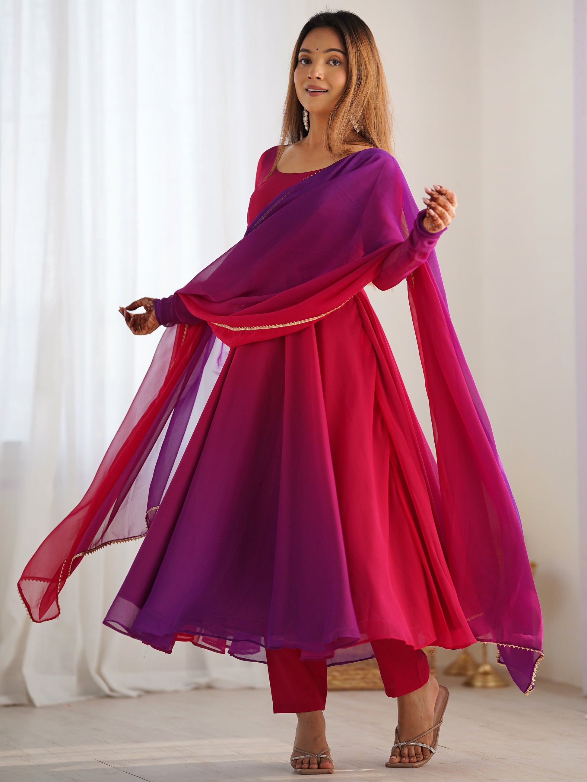Charming Hot Pink Georgette Festive Wear Gown With Dupatta