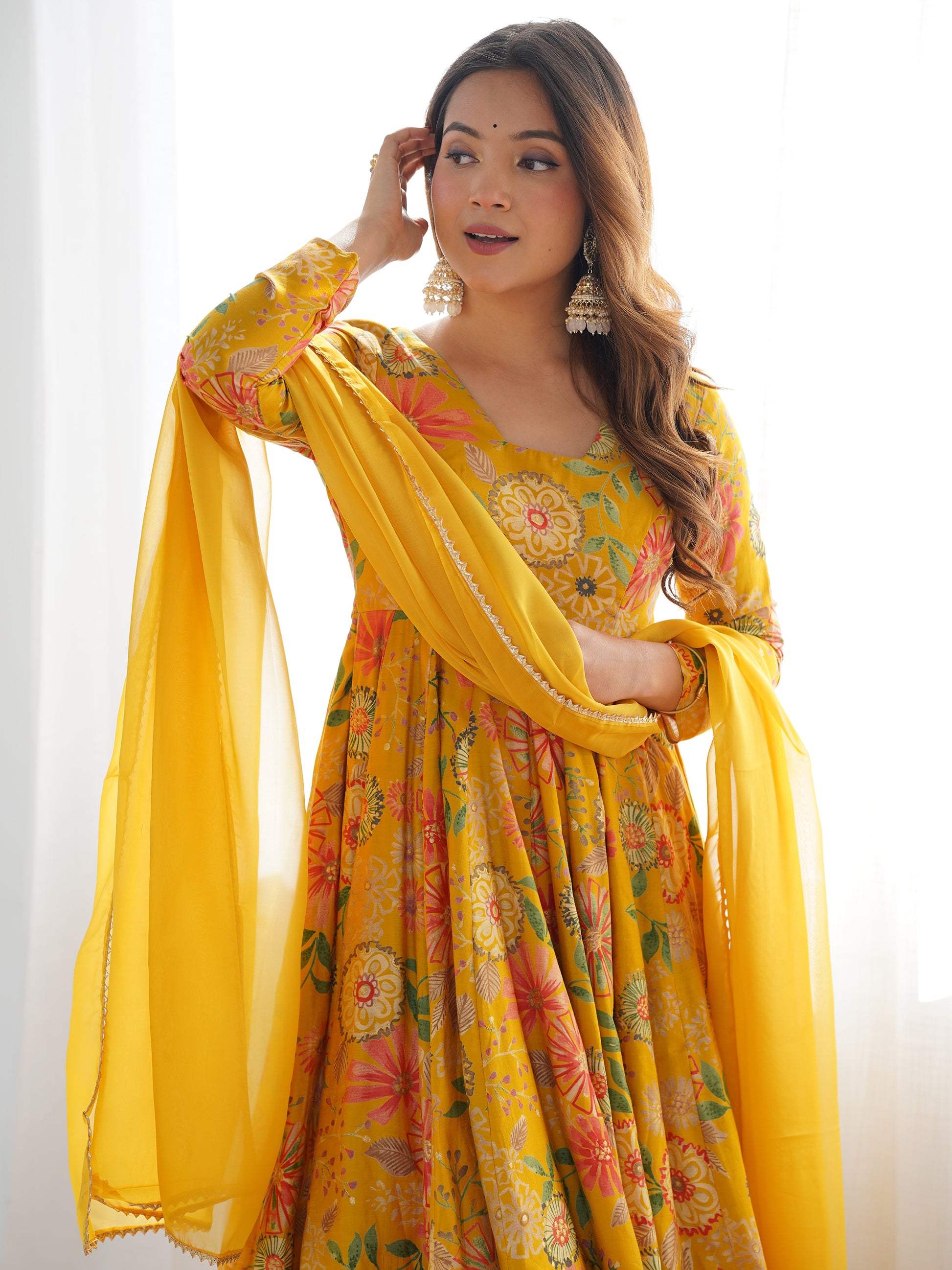 Adorable Yellow Floral Printed Silk Haldi Wear Palazzo Suit