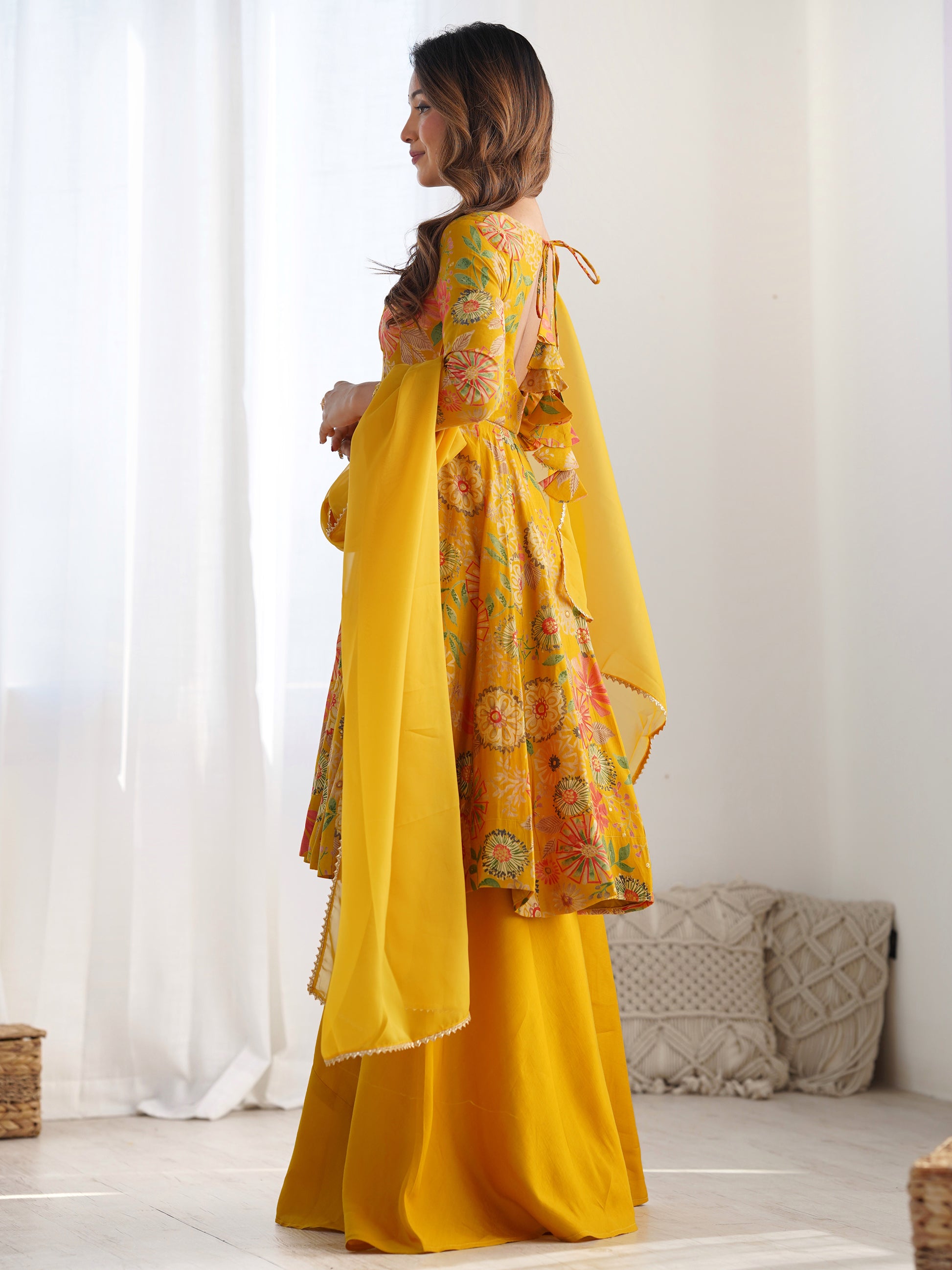Adorable Yellow Floral Printed Silk Haldi Wear Palazzo Suit