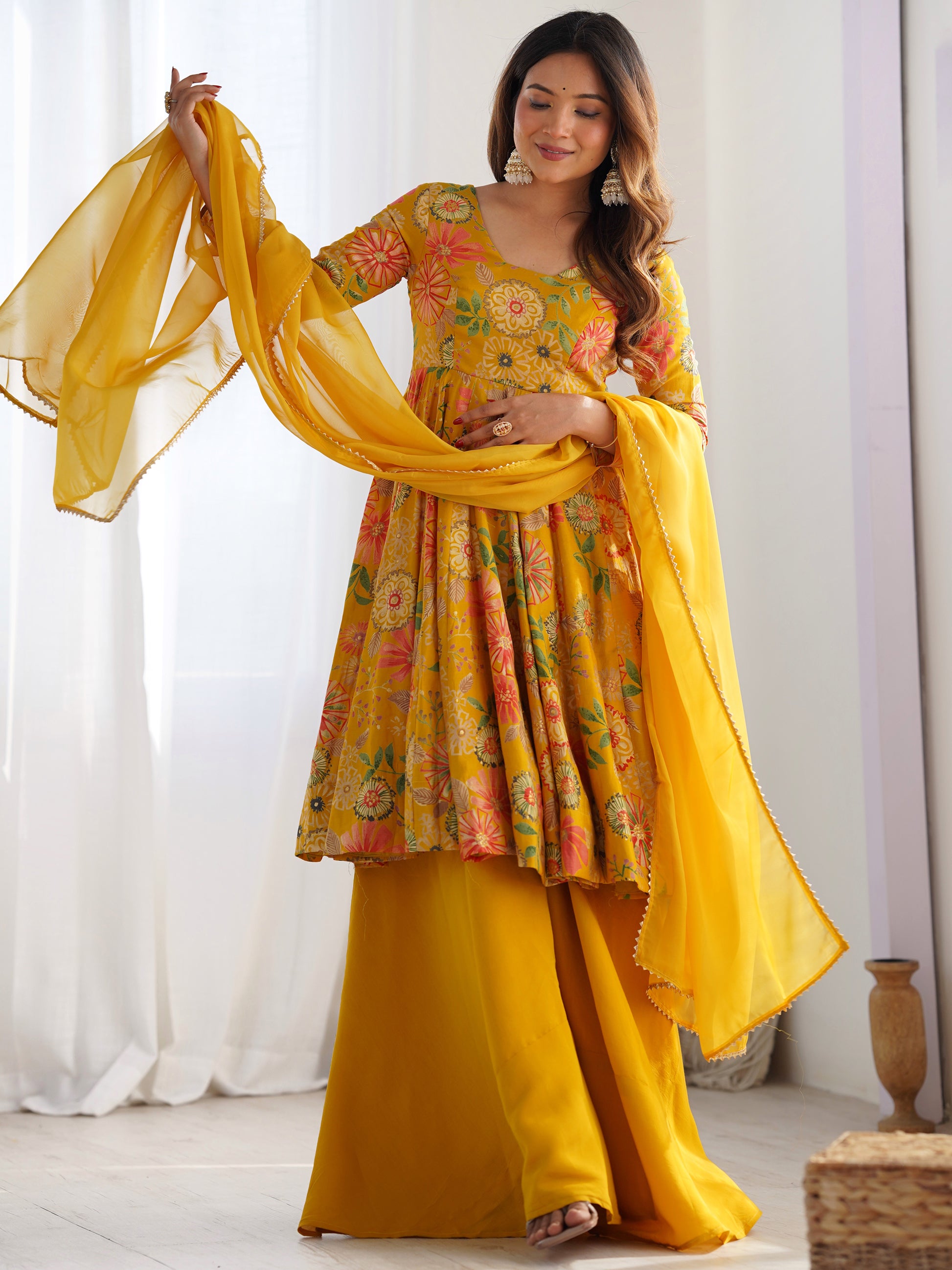 Adorable Yellow Floral Printed Silk Haldi Wear Palazzo Suit