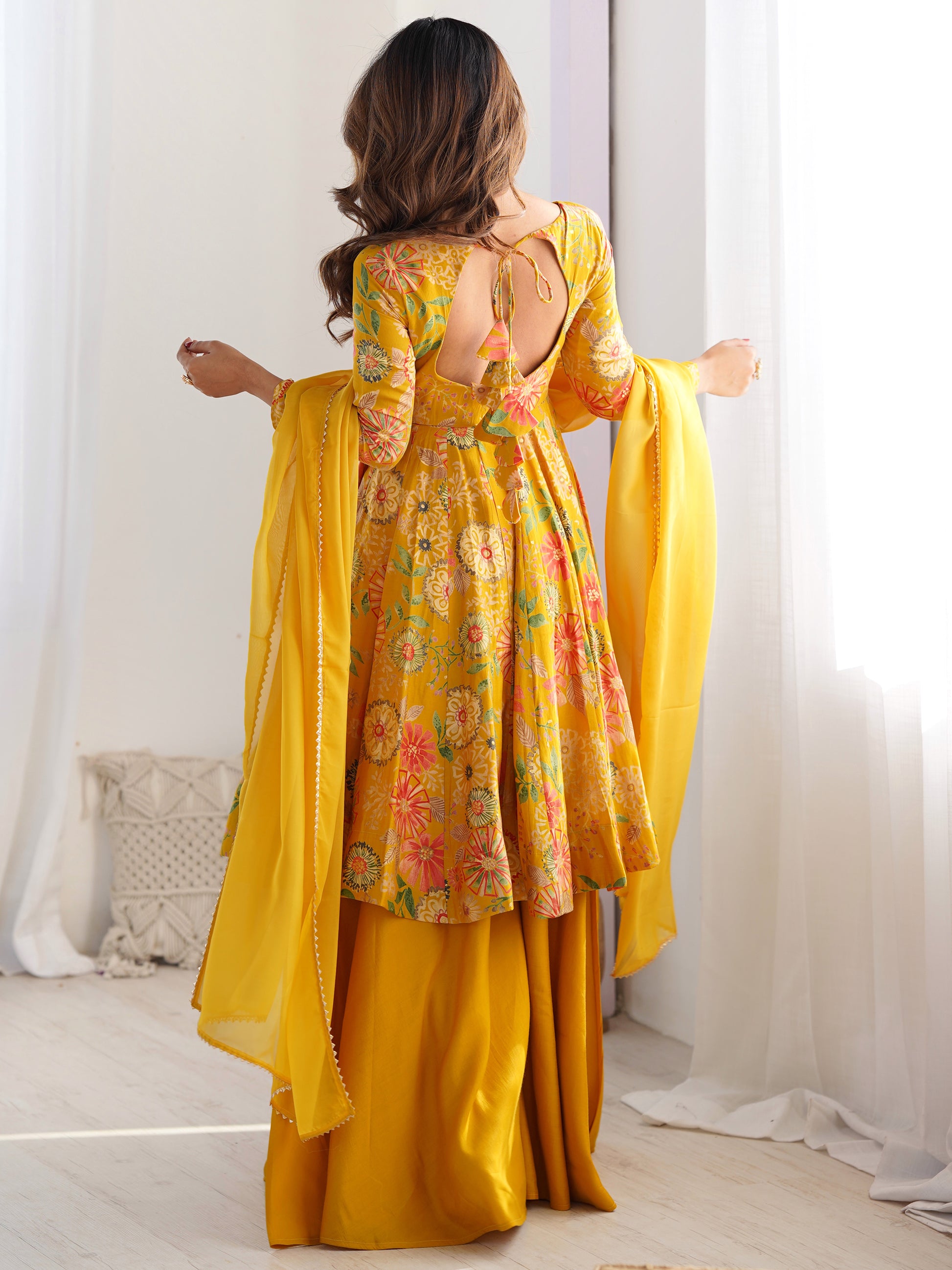 Adorable Yellow Floral Printed Silk Haldi Wear Palazzo Suit