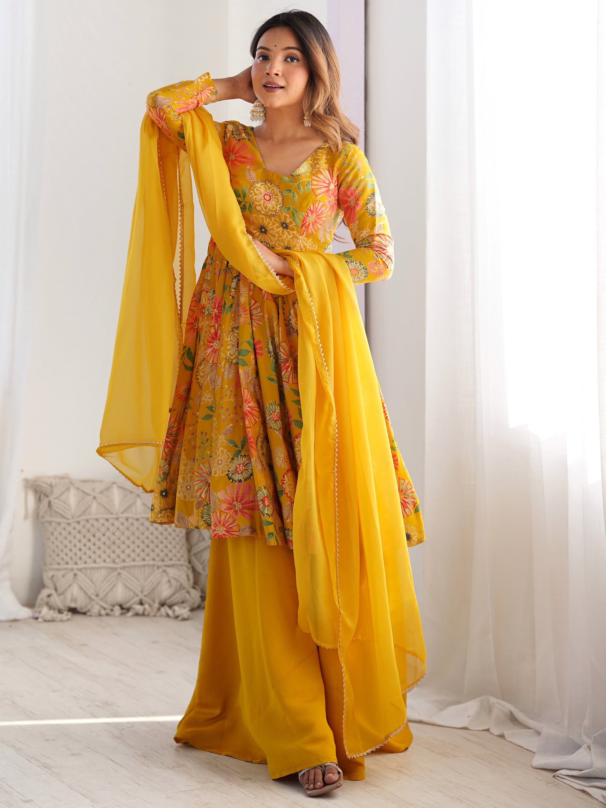Adorable Yellow Floral Printed Silk Haldi Wear Palazzo Suit