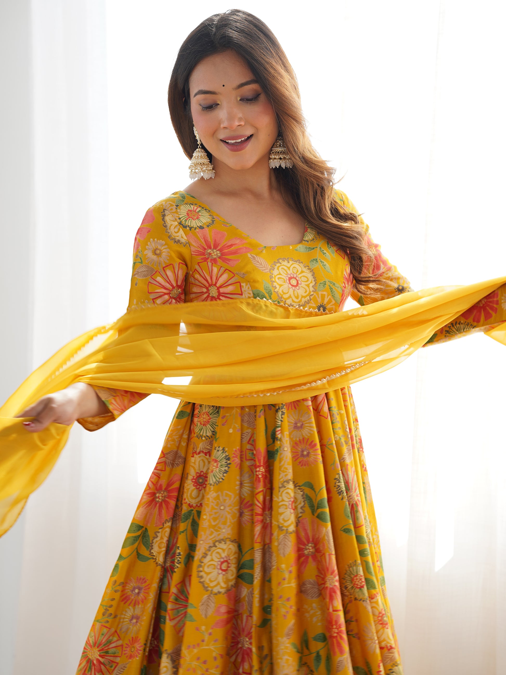 Adorable Yellow Floral Printed Silk Haldi Wear Palazzo Suit