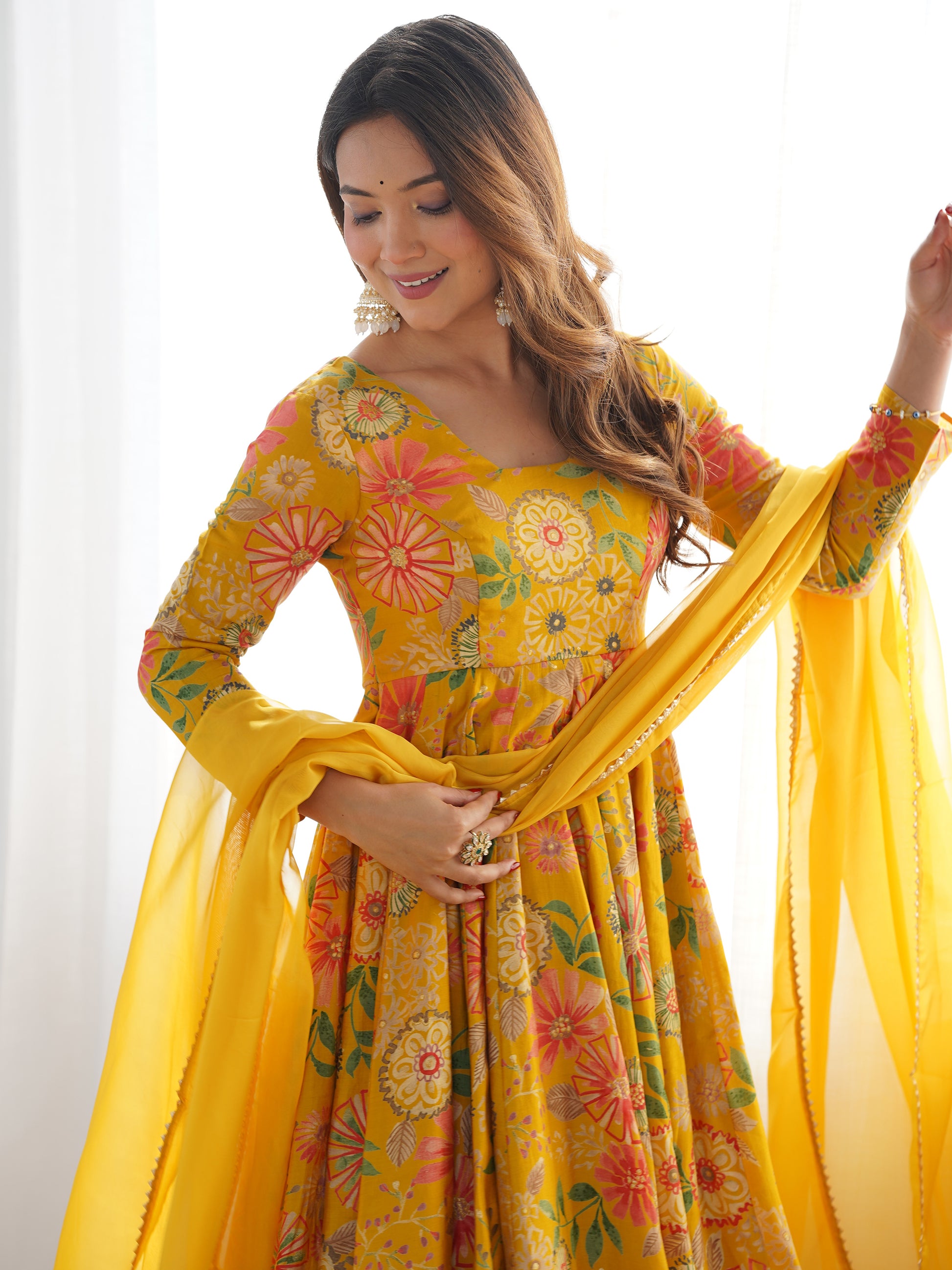Adorable Yellow Floral Printed Silk Haldi Wear Palazzo Suit