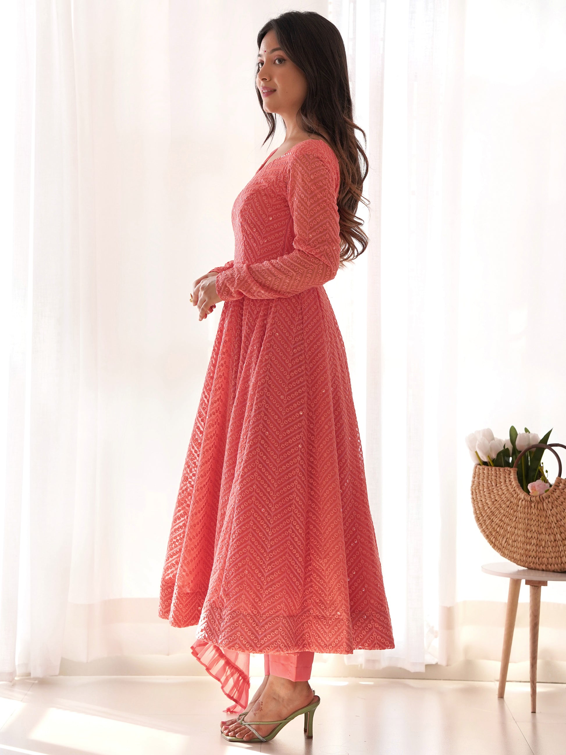 Spectacular Peach Lucknawi Work Georgette Traditional Anarkali Suit