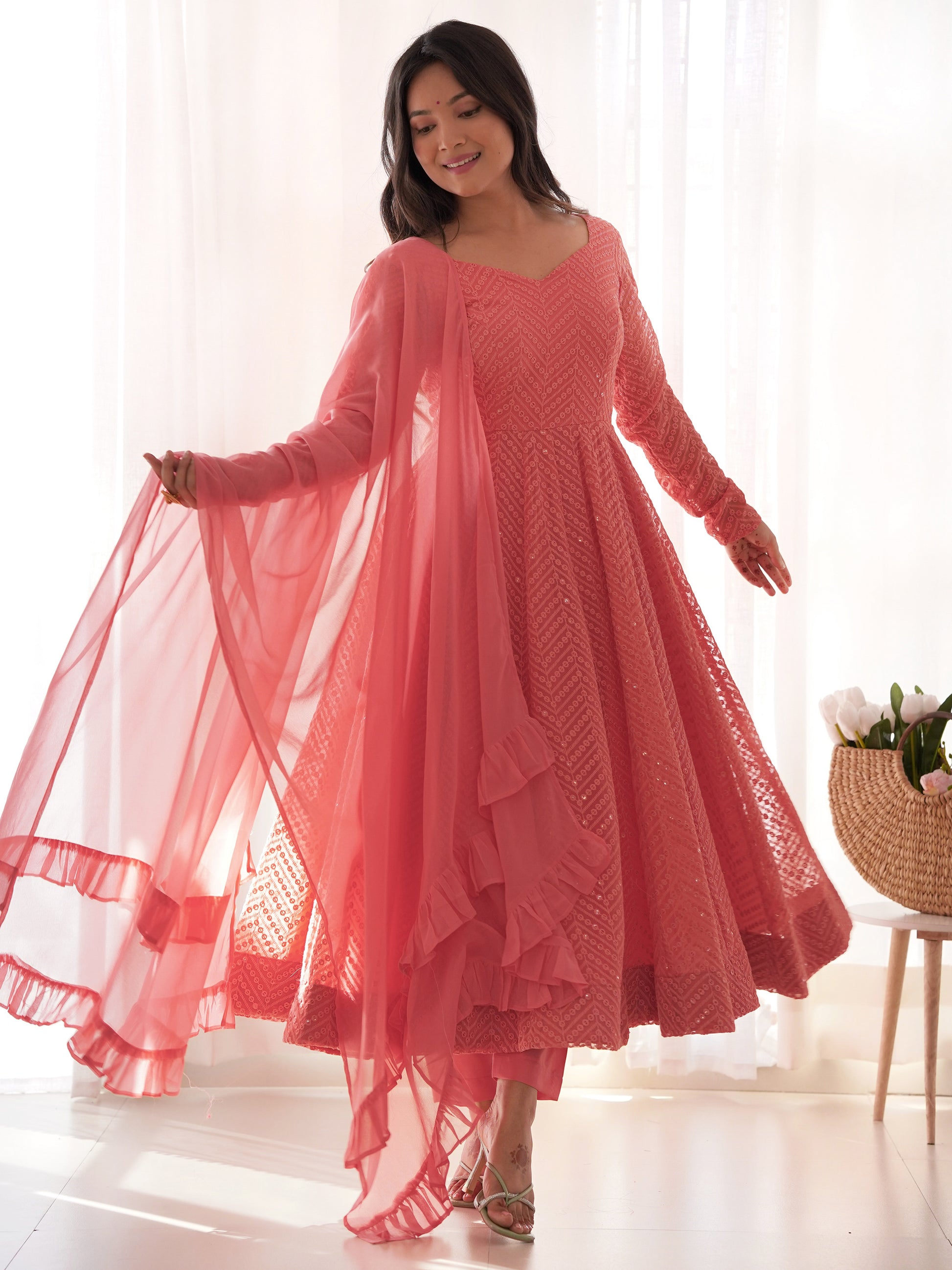 Spectacular Peach Lucknawi Work Georgette Traditional Anarkali Suit