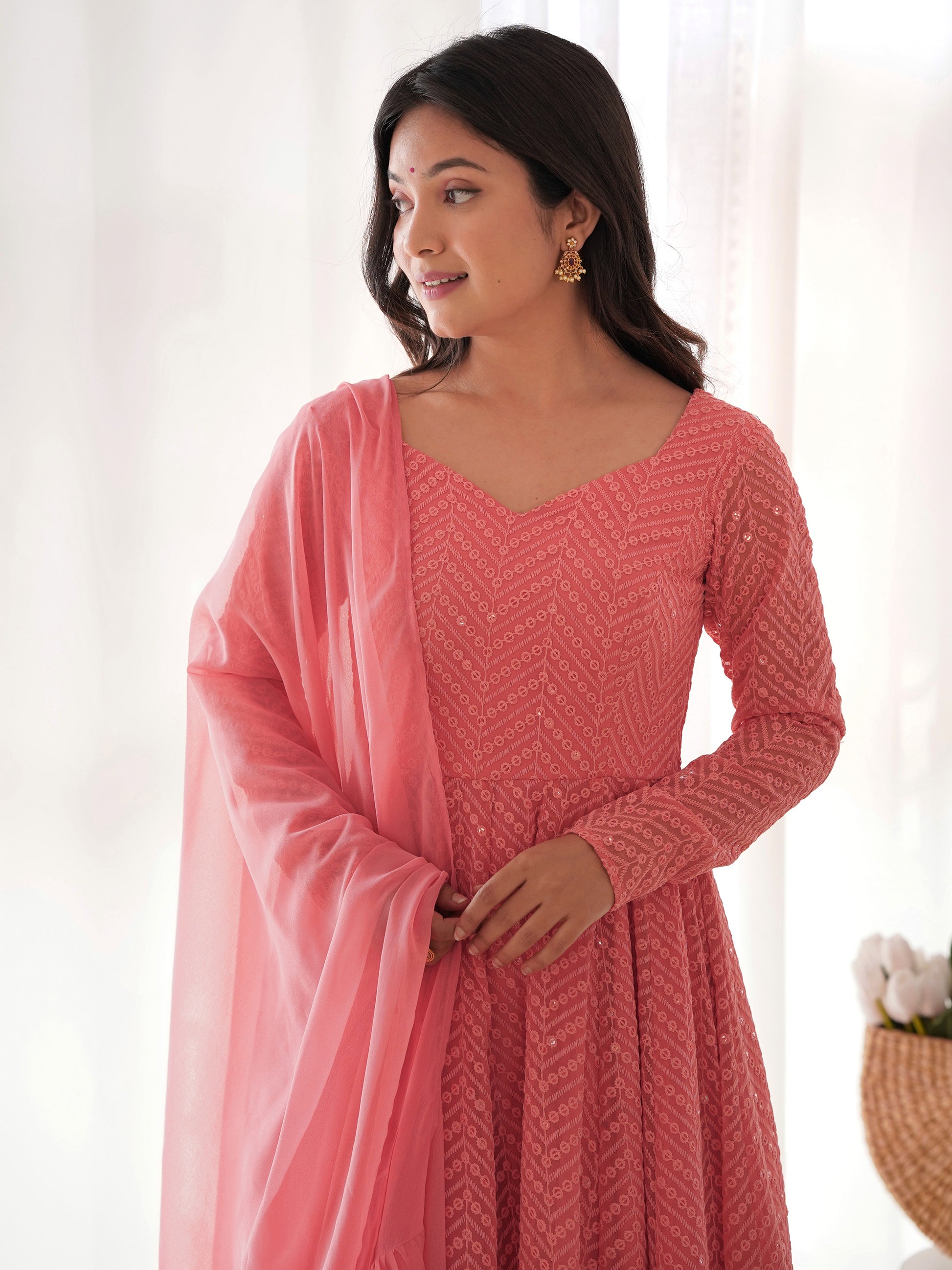 Spectacular Peach Lucknawi Work Georgette Traditional Anarkali Suit