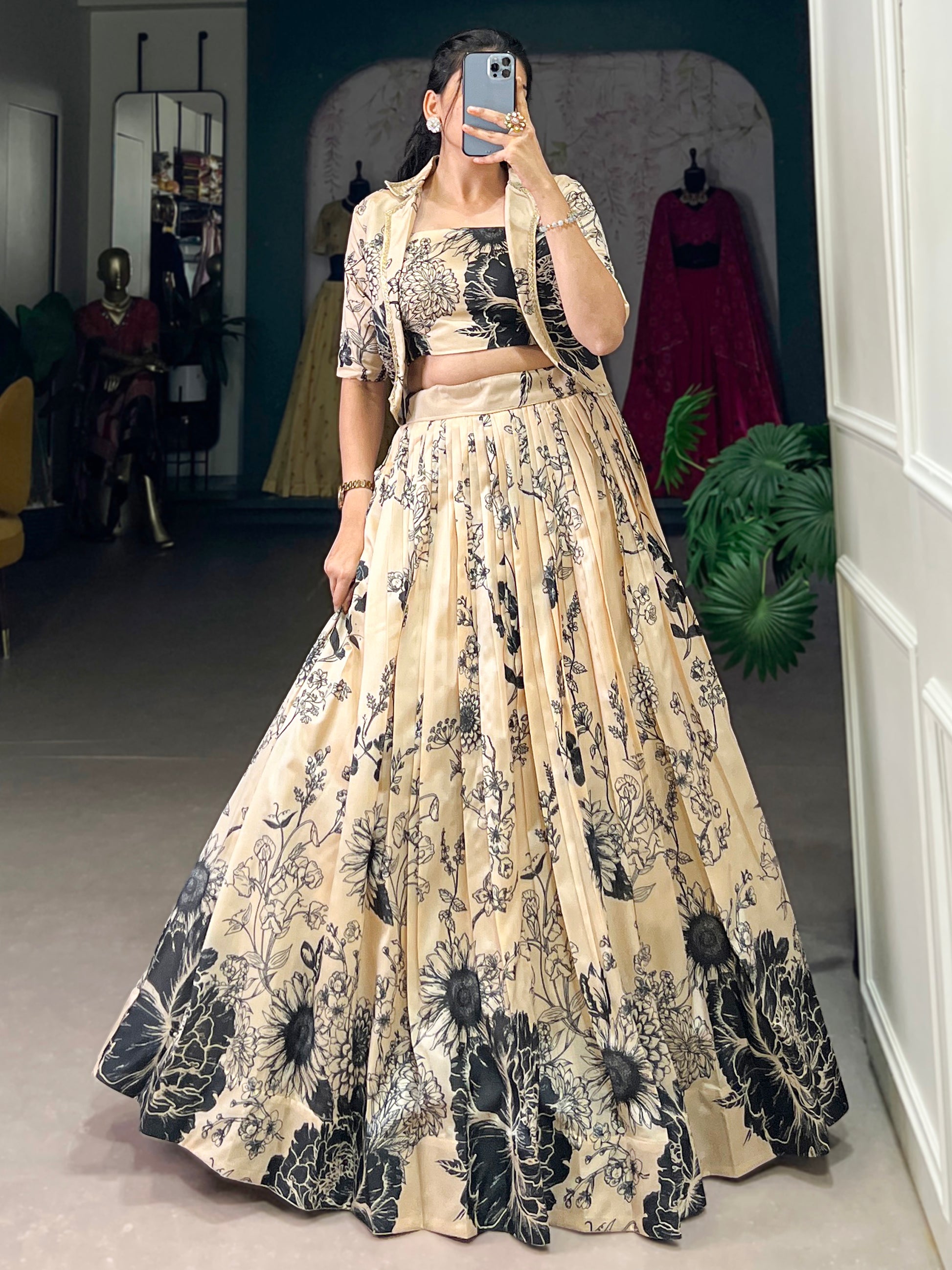 Amazing Cream Printed Silk Event Wear Crop Top Lehenga With Jacket
