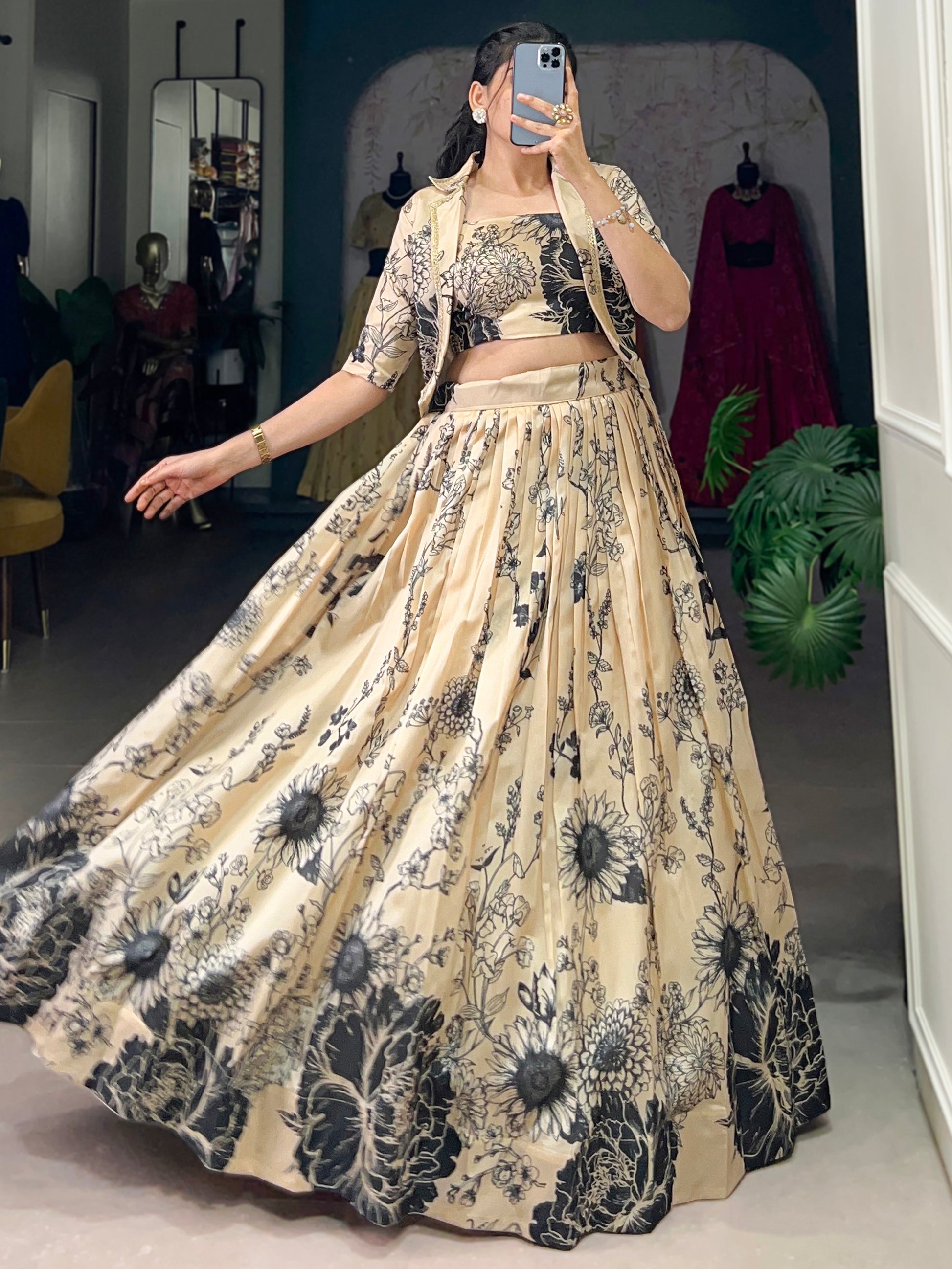 Amazing Cream Printed Silk Event Wear Crop Top Lehenga With Jacket