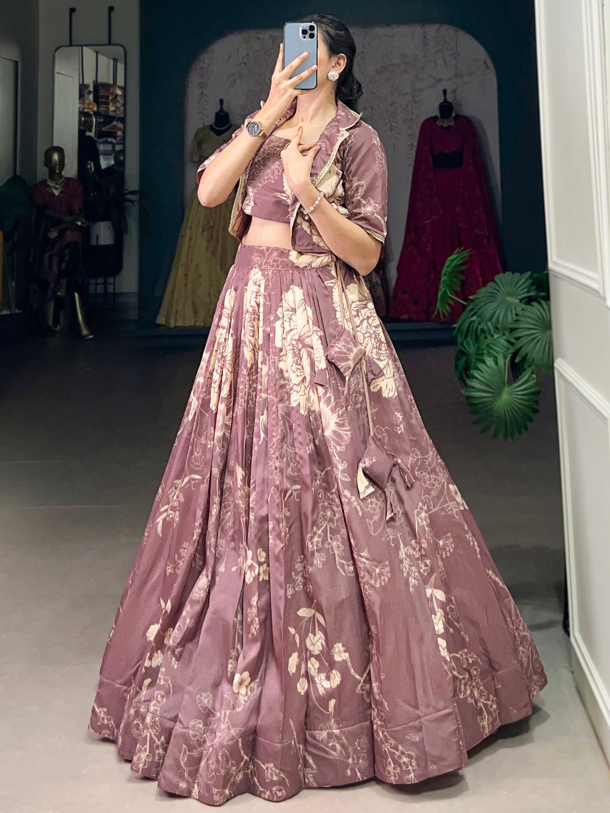 Lavish Mauve Printed Silk Party Wear Crop Top Lehenga With Jacket