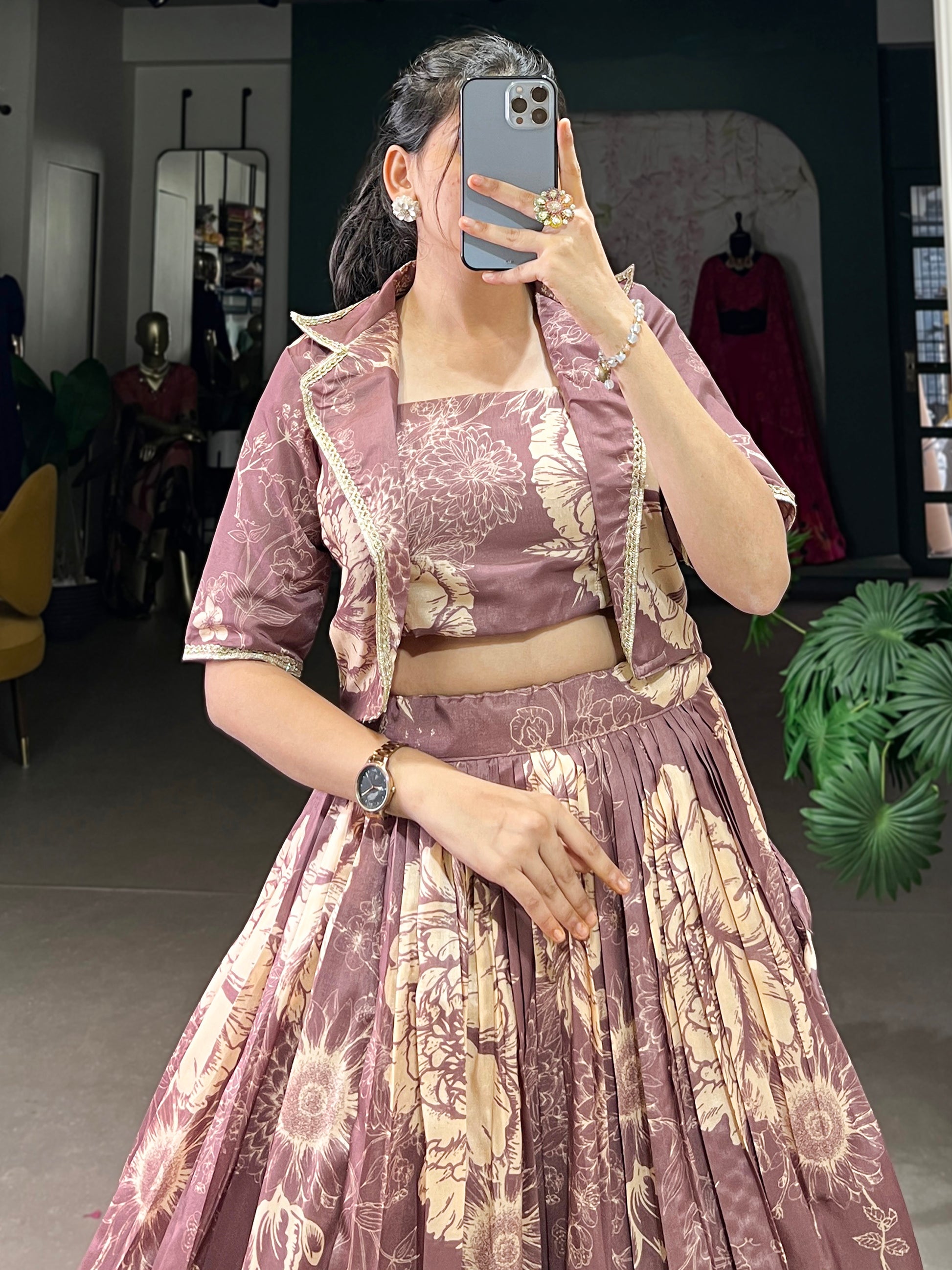 Lavish Mauve Printed Silk Party Wear Crop Top Lehenga With Jacket
