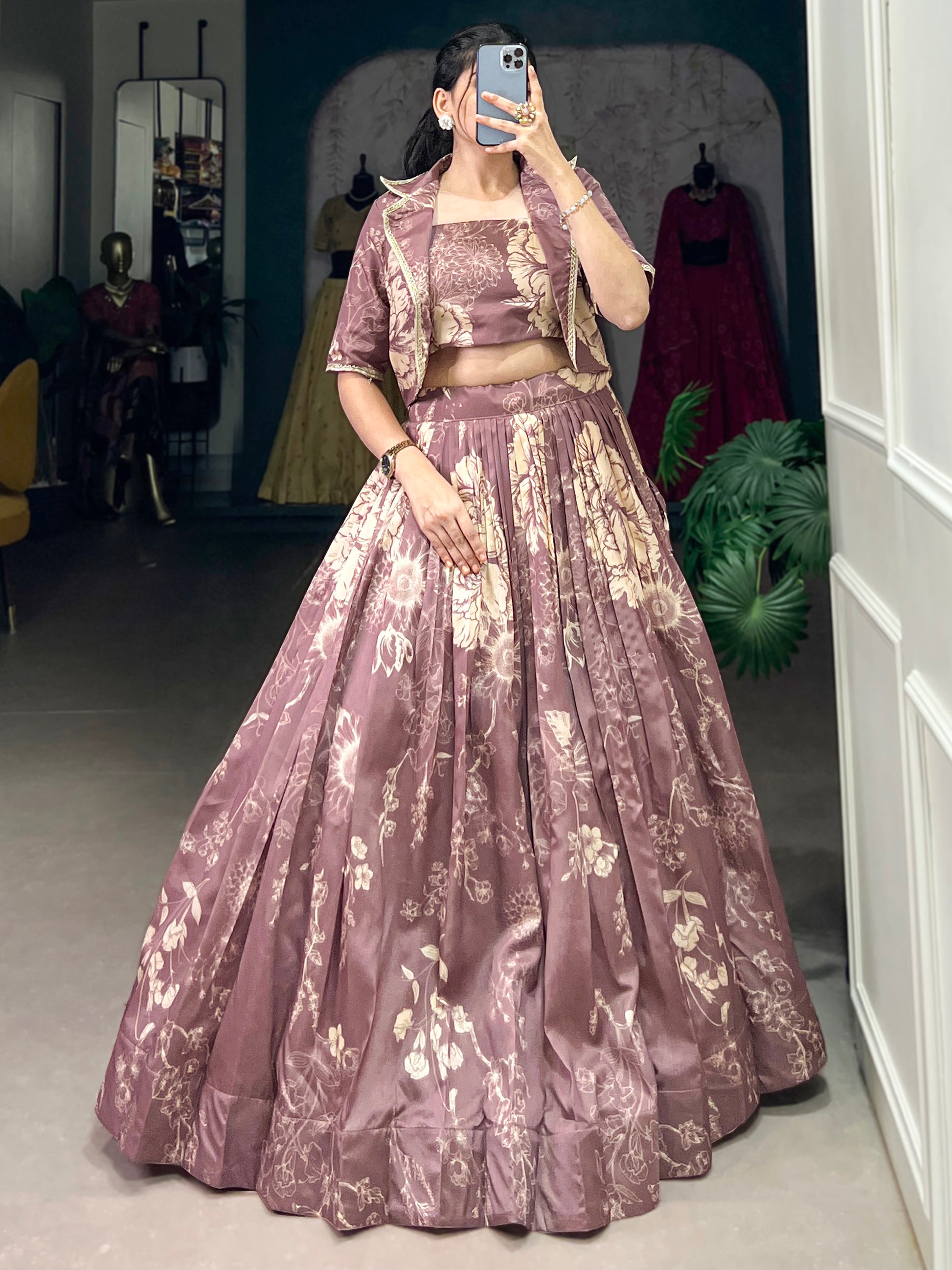 Lavish Mauve Printed Silk Party Wear Crop Top Lehenga With Jacket
