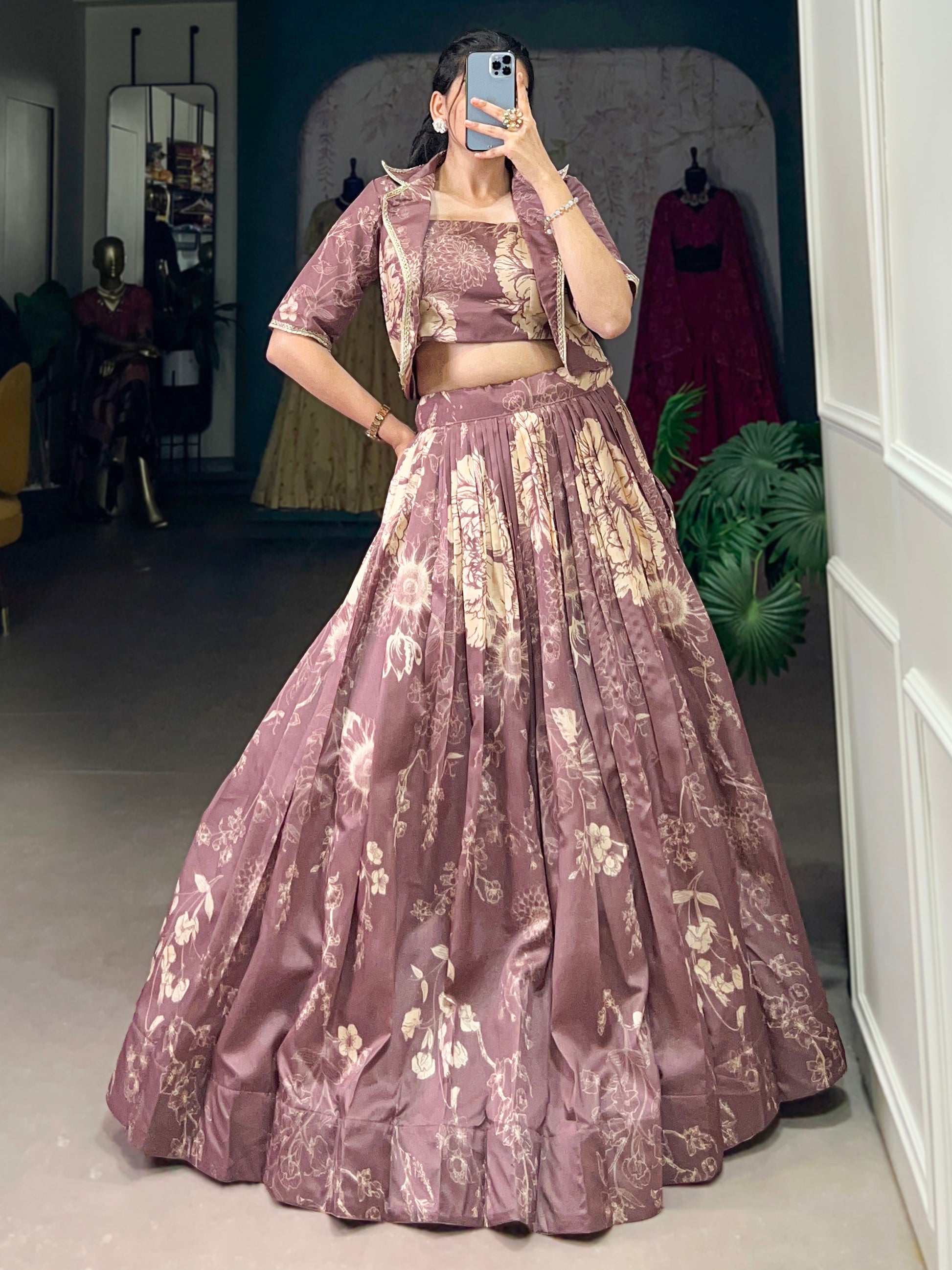 Lavish Mauve Printed Silk Party Wear Crop Top Lehenga With Jacket