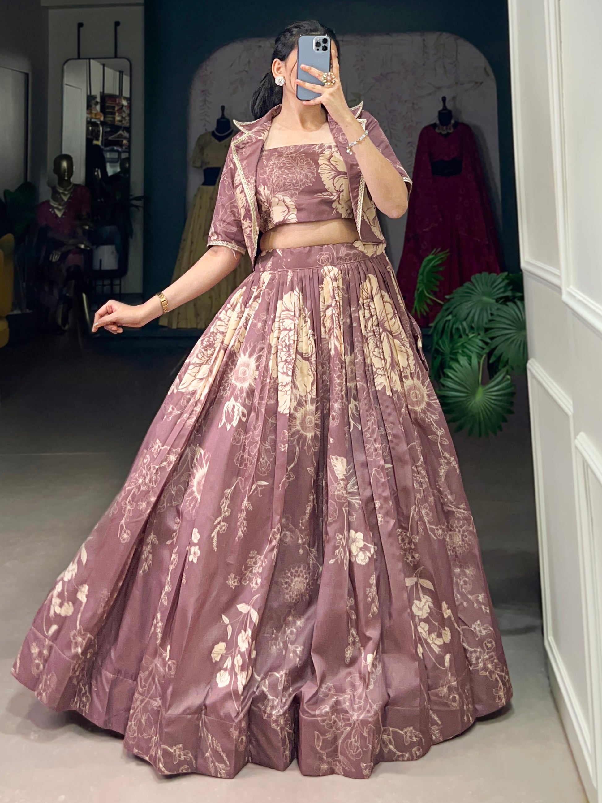 Lavish Mauve Printed Silk Party Wear Crop Top Lehenga With Jacket