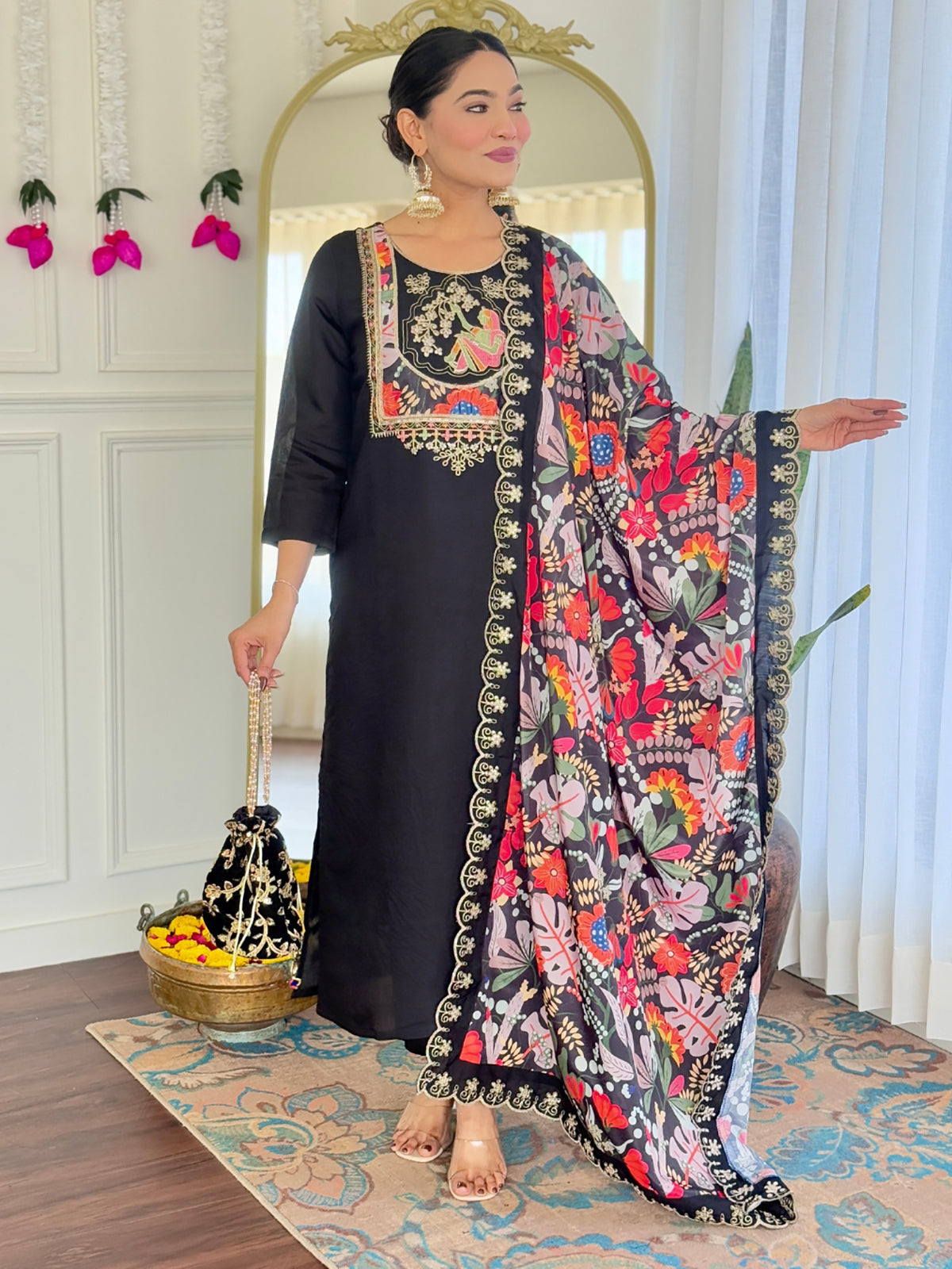 Alluring Black Sequins Chanderi Festive Wear Pant Suit With Printed Dupatta
