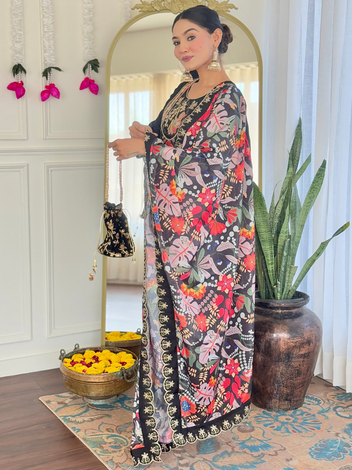 Alluring Black Sequins Chanderi Festive Wear Pant Suit With Printed Dupatta