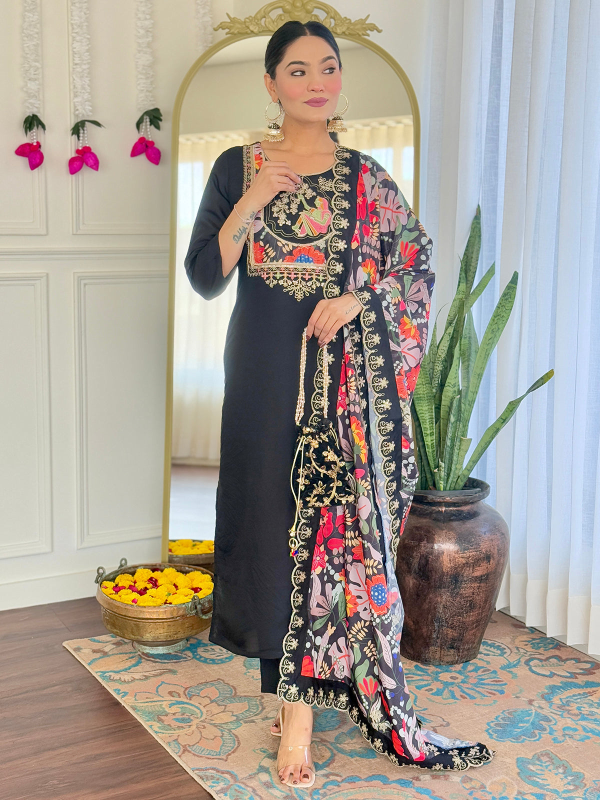 Alluring Black Sequins Chanderi Festive Wear Pant Suit With Printed Dupatta