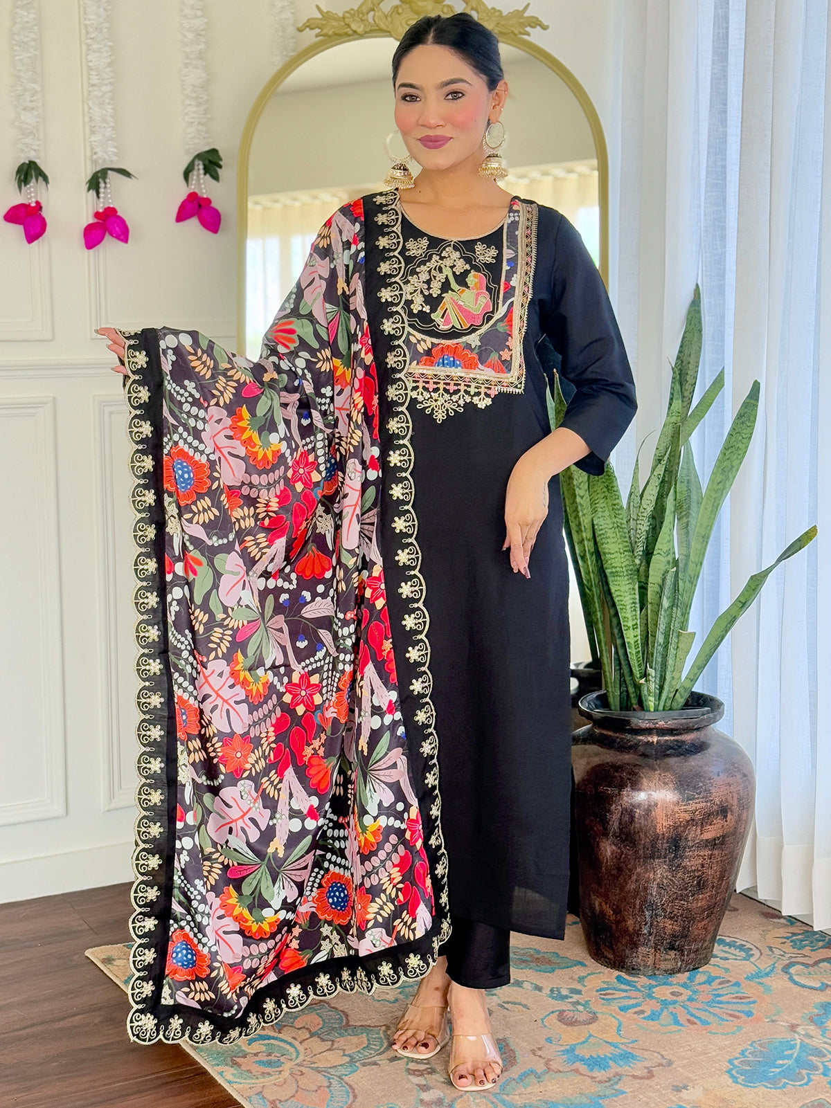 Alluring Black Sequins Chanderi Festive Wear Pant Suit With Printed Dupatta