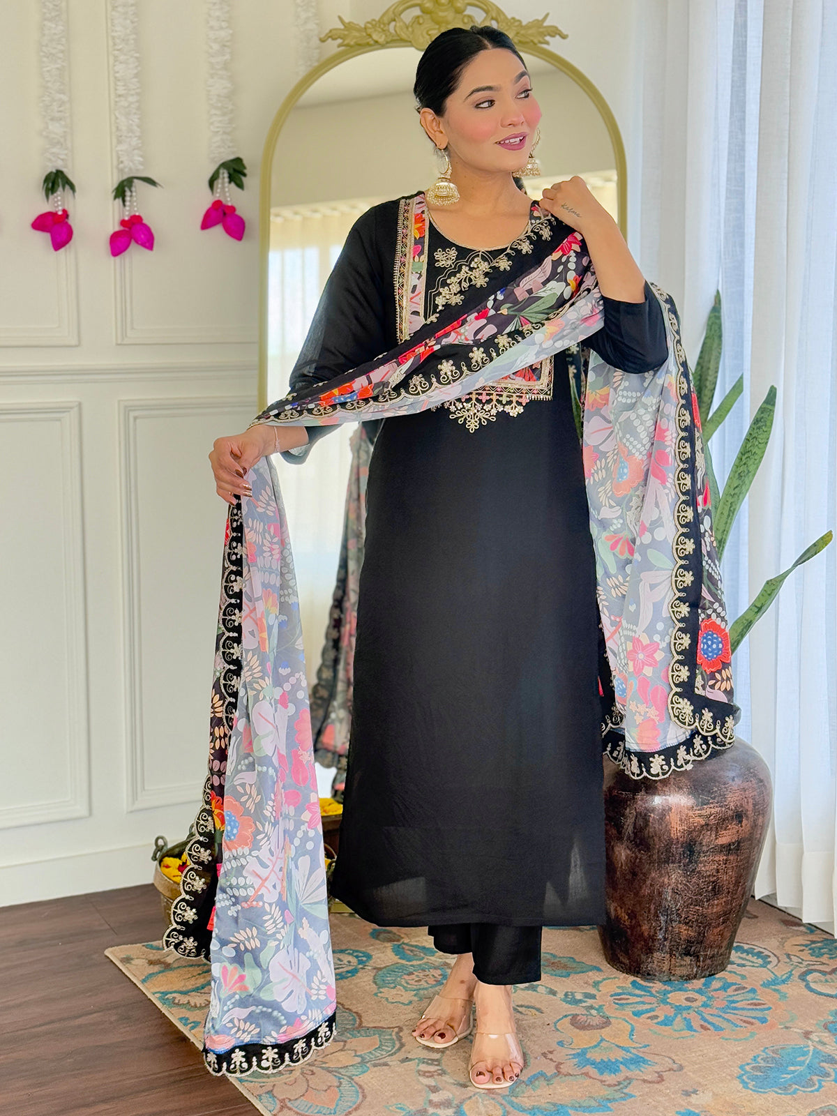 Alluring Black Sequins Chanderi Festive Wear Pant Suit With Printed Dupatta