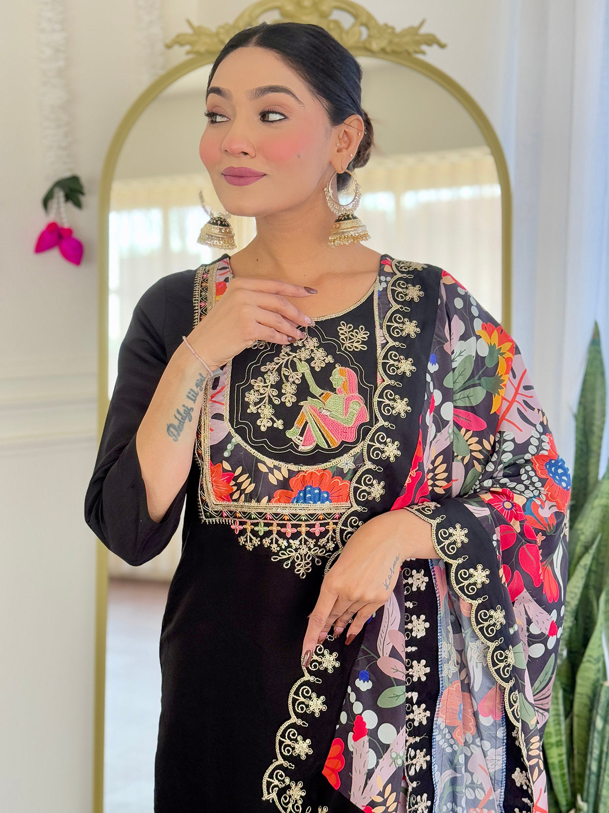 Alluring Black Sequins Chanderi Festive Wear Pant Suit With Printed Dupatta