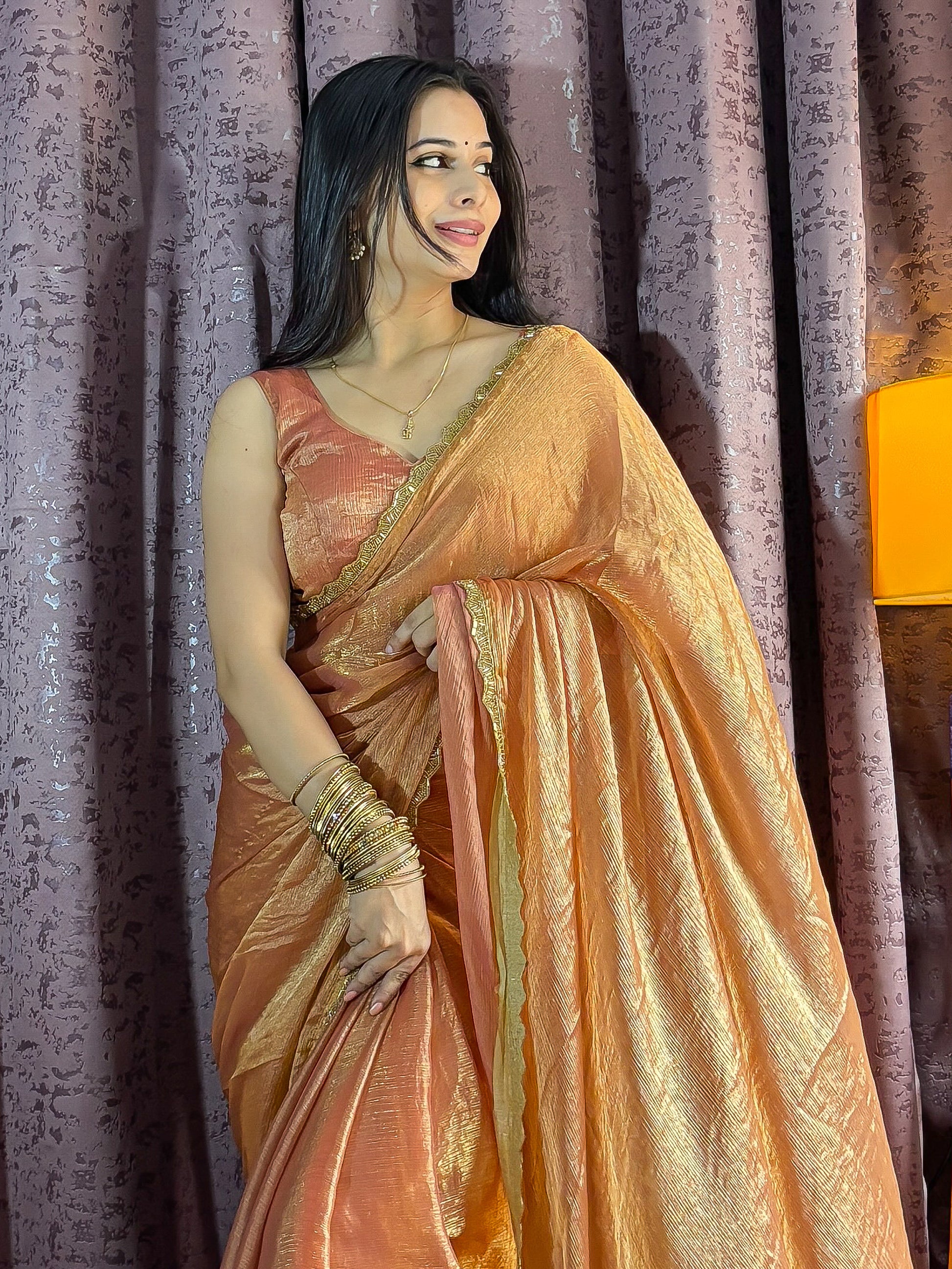 Charming Orange Silk Beads Hand Work Saree With Blouse