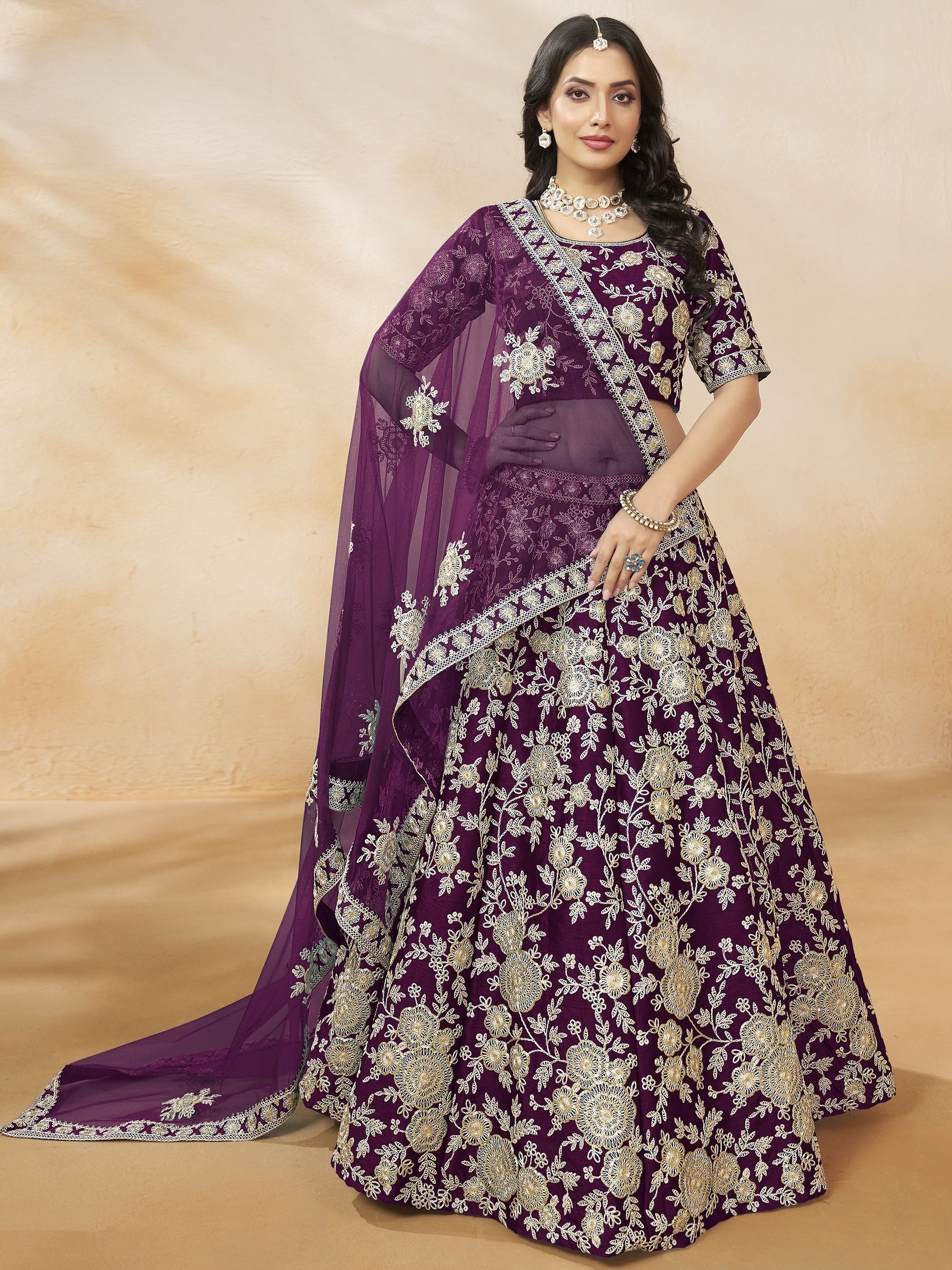 Attractive Purple Sequins Work Silk Reception Wear Lehenga Choli