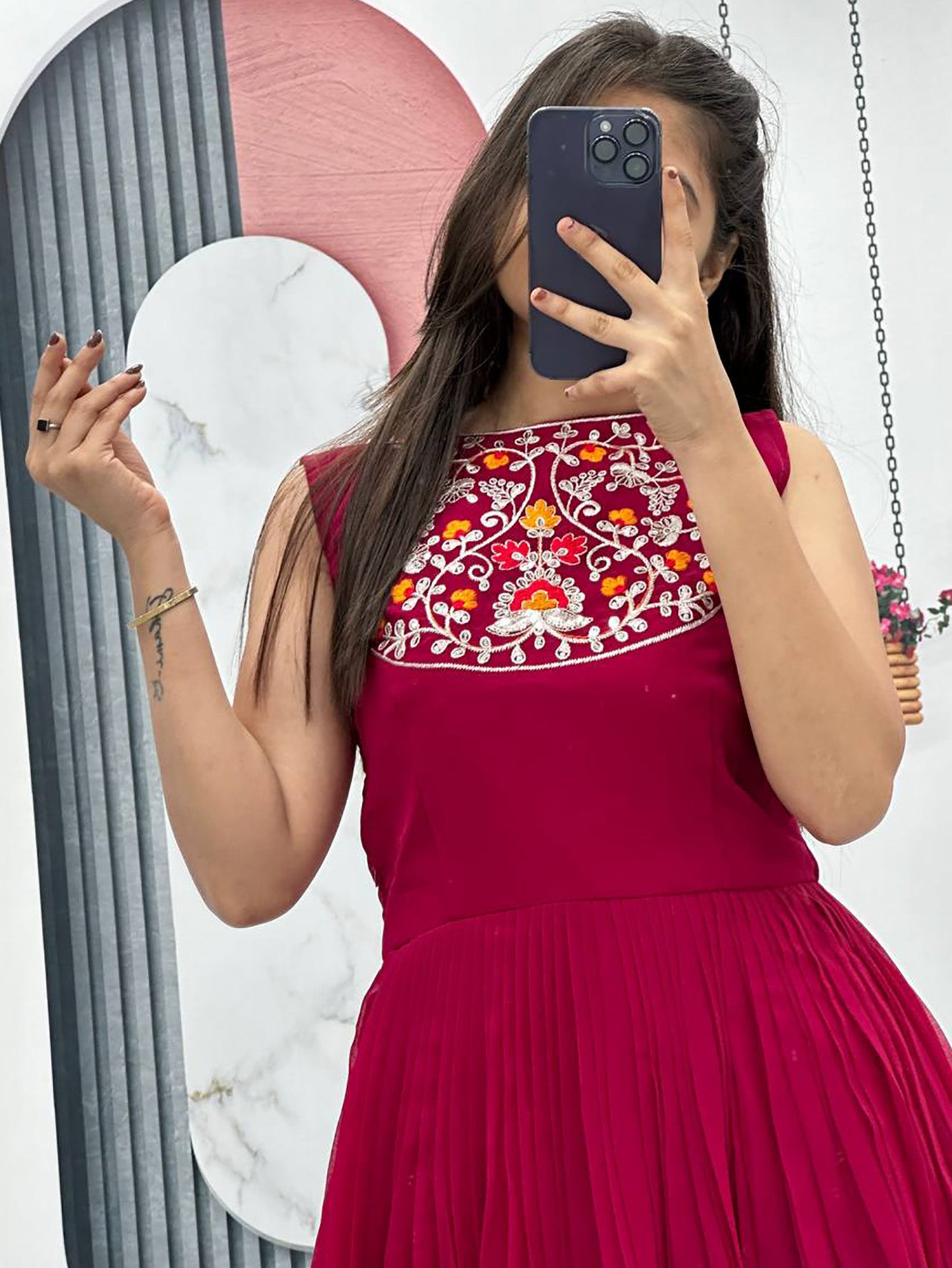 Gorgeous Rani Pink Embroidered Georgette Gown With Jacket