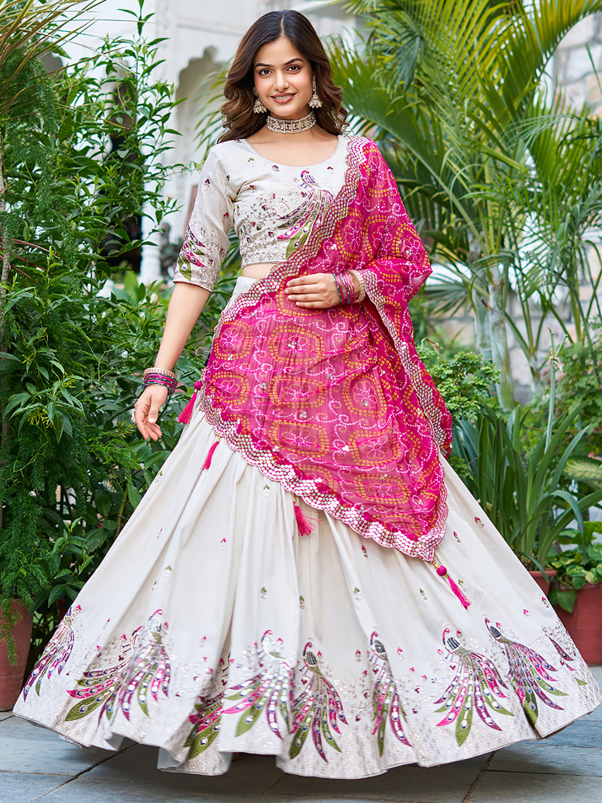 Charming Off-White Thread Work Tissue Silk Wedding Lehenga Choli