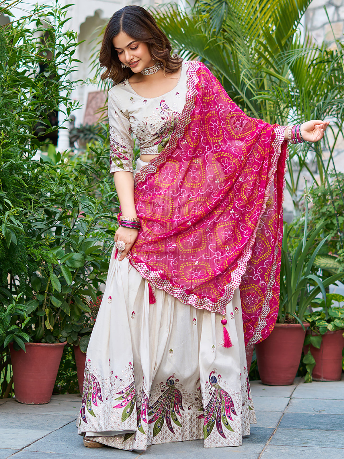 Charming Off-White Thread Work Tissue Silk Wedding Lehenga Choli