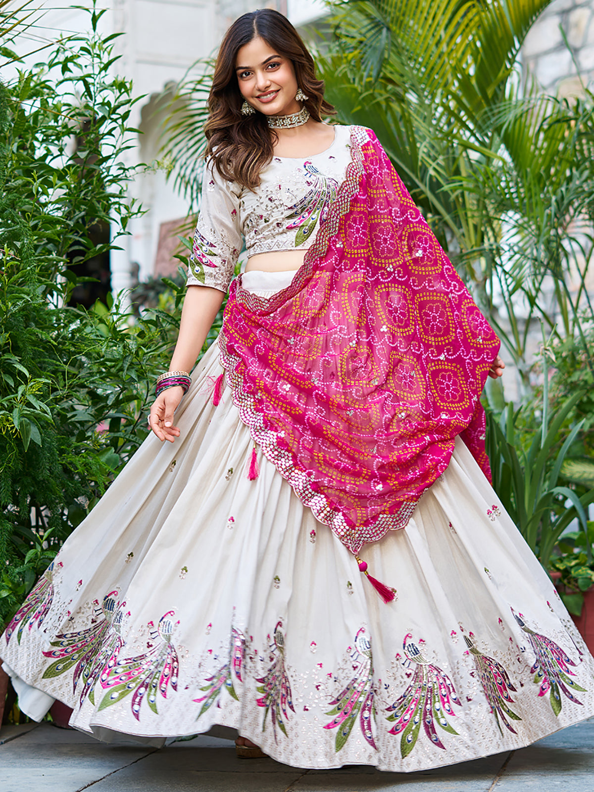 Charming Off-White Thread Work Tissue Silk Wedding Lehenga Choli