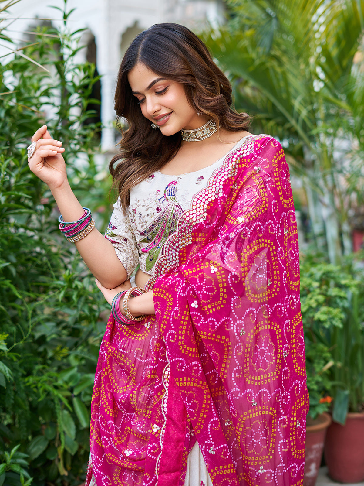 Charming Off-White Thread Work Tissue Silk Wedding Lehenga Choli