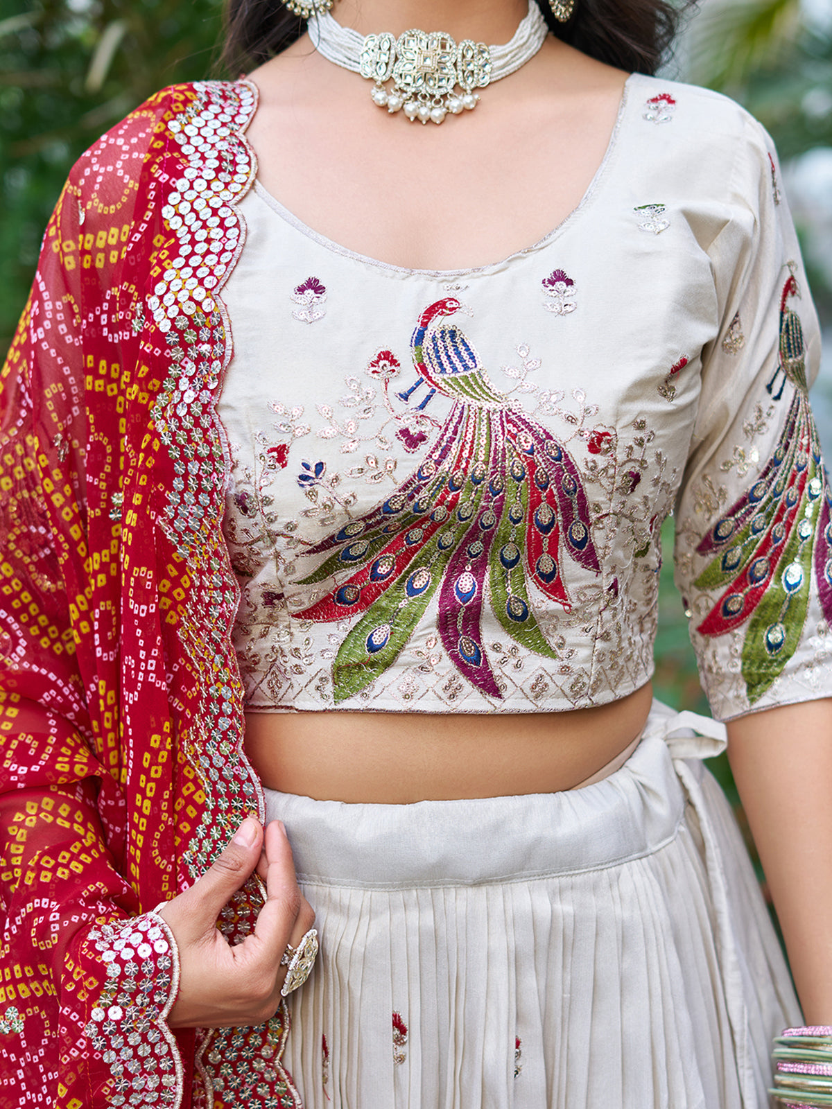 Beautiful Off-White Sequins Tissue Silk Lehenga Choli With Red Dupatta
