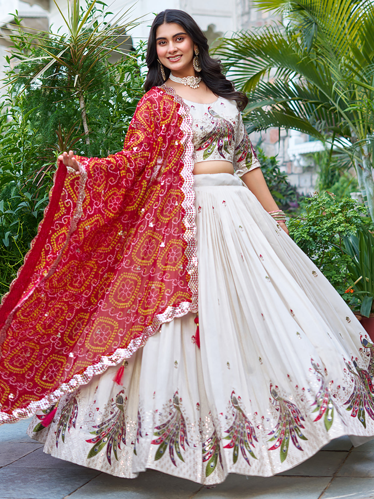 Beautiful Off-White Sequins Tissue Silk Lehenga Choli With Red Dupatta