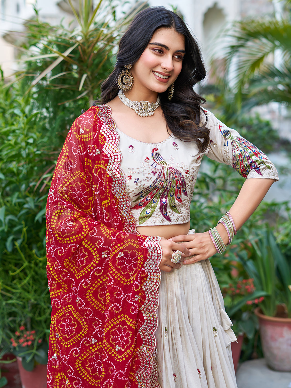 Beautiful Off-White Sequins Tissue Silk Lehenga Choli With Red Dupatta