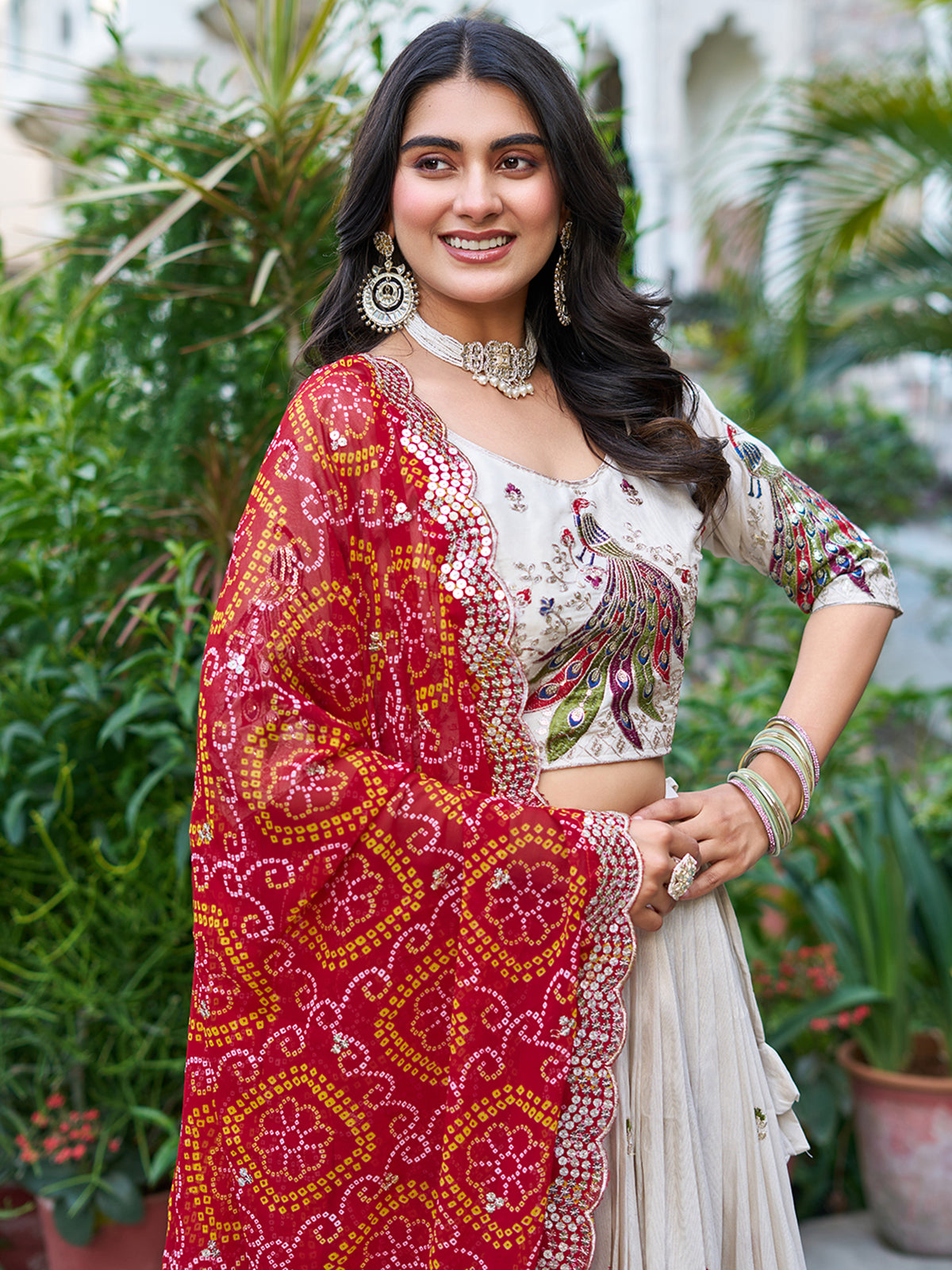 Beautiful Off-White Sequins Tissue Silk Lehenga Choli With Red Dupatta