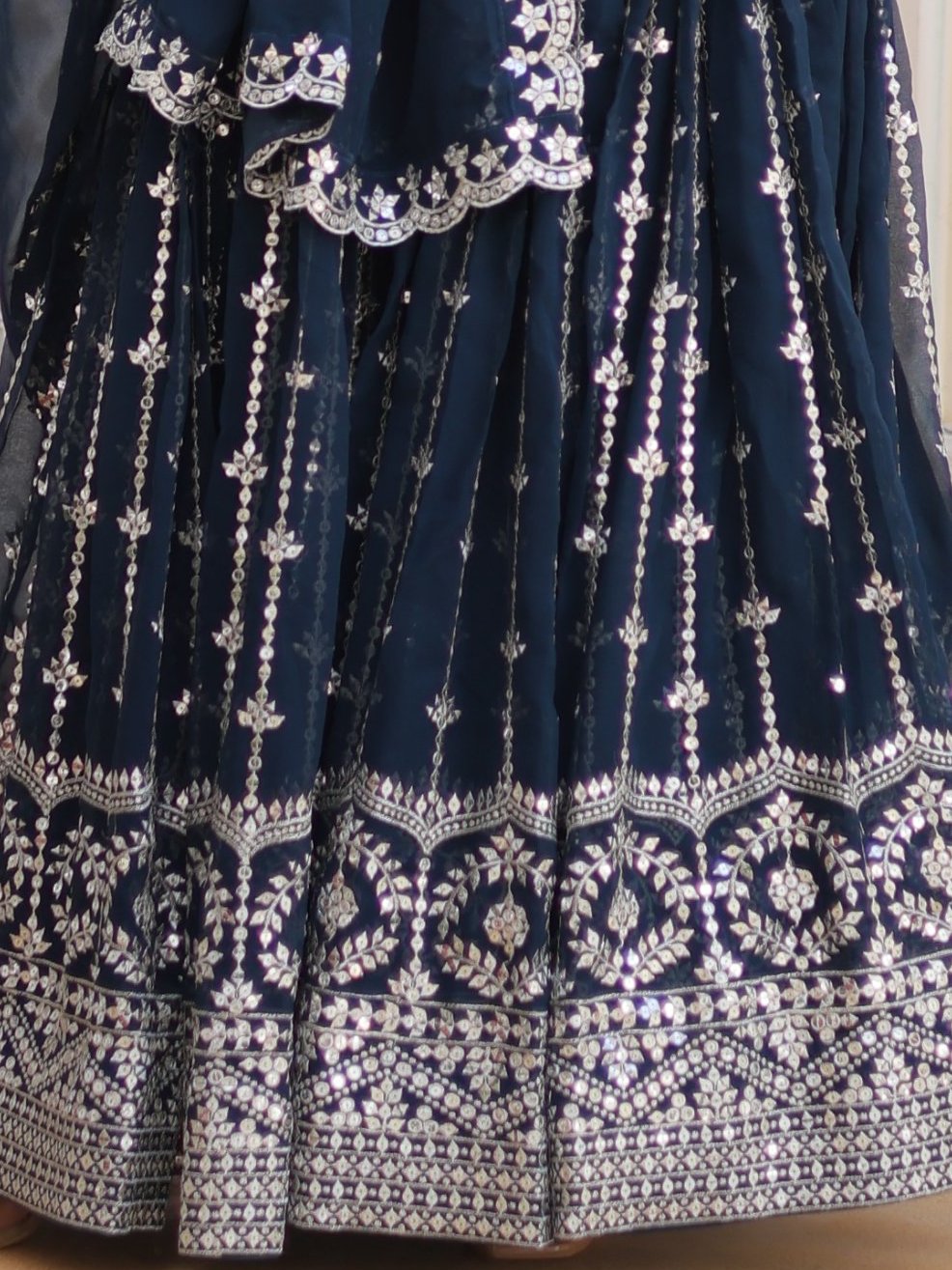 Alluring Navy Blue Sequins Georgette Wedding Wear Lehenga Choli