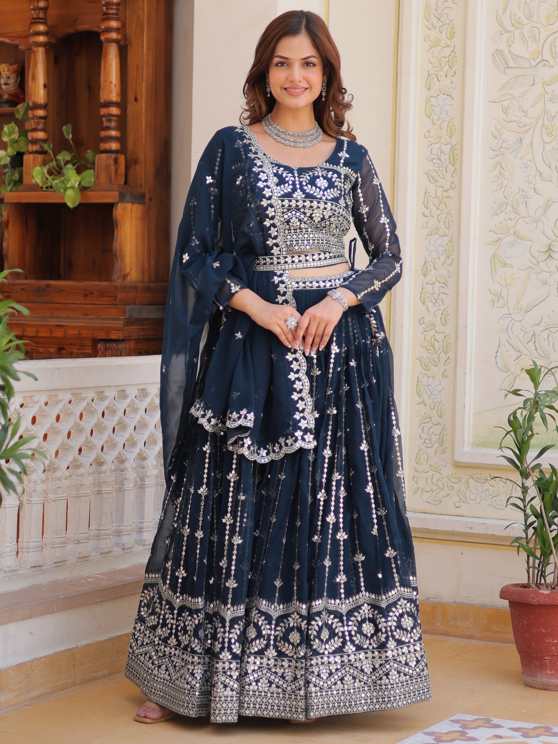 Alluring Navy Blue Sequins Georgette Wedding Wear Lehenga Choli