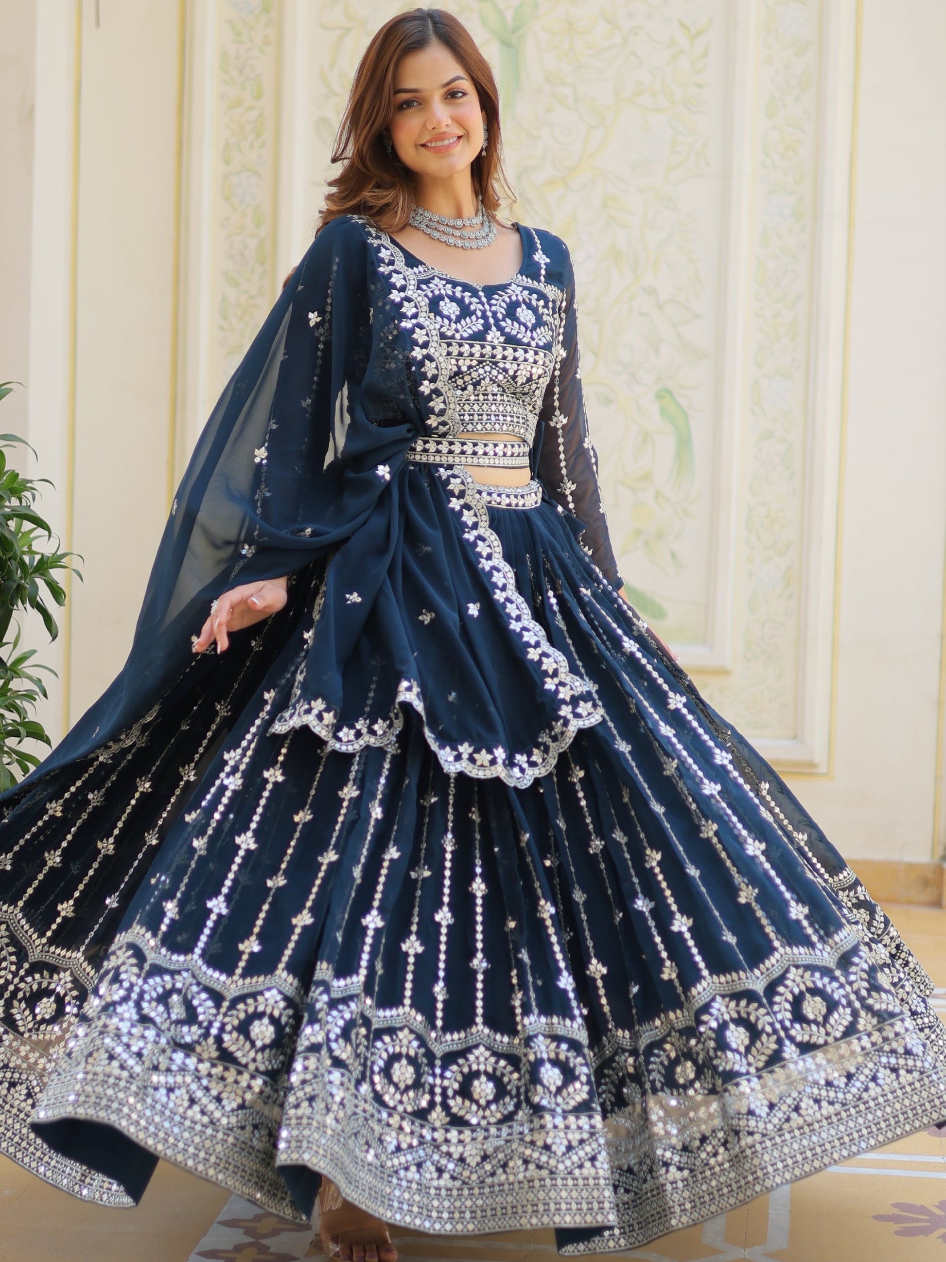 Alluring Navy Blue Sequins Georgette Wedding Wear Lehenga Choli