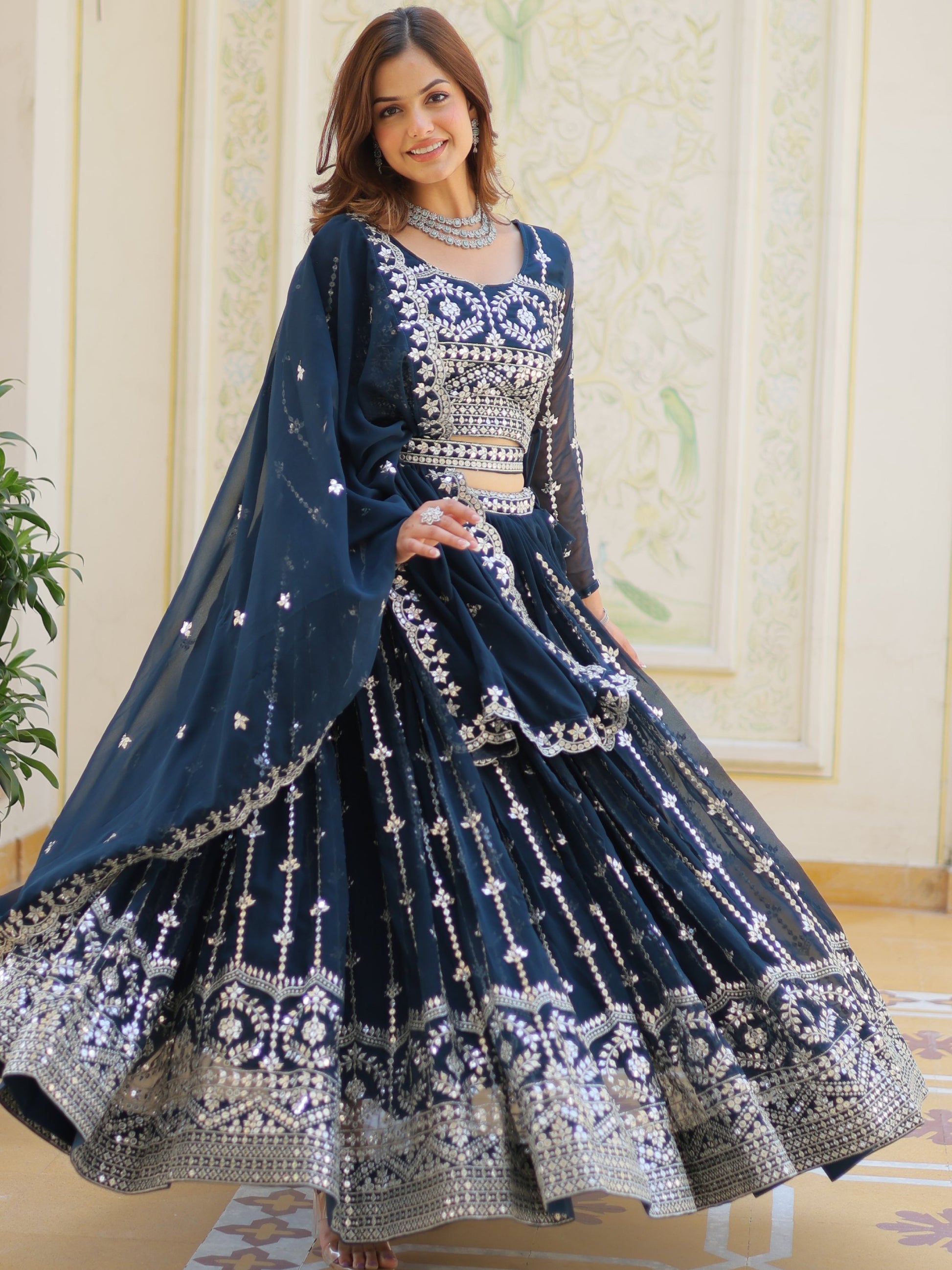 Alluring Navy Blue Sequins Georgette Wedding Wear Lehenga Choli