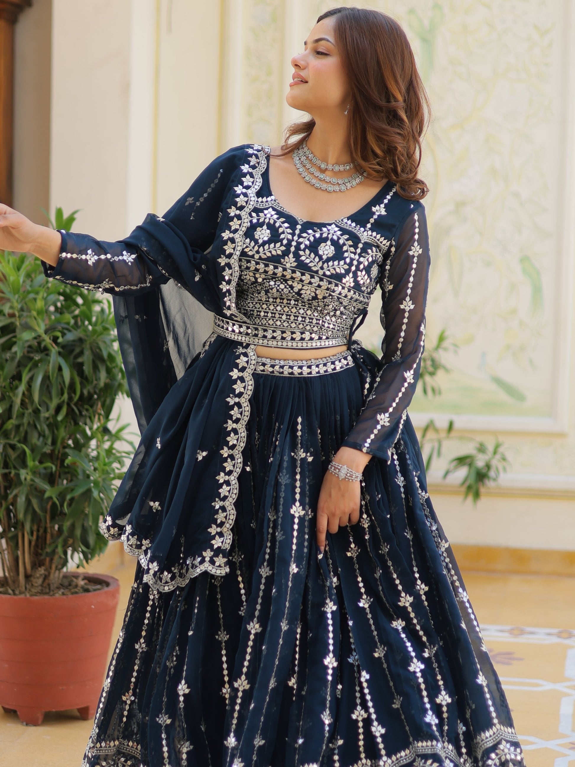 Alluring Navy Blue Sequins Georgette Wedding Wear Lehenga Choli