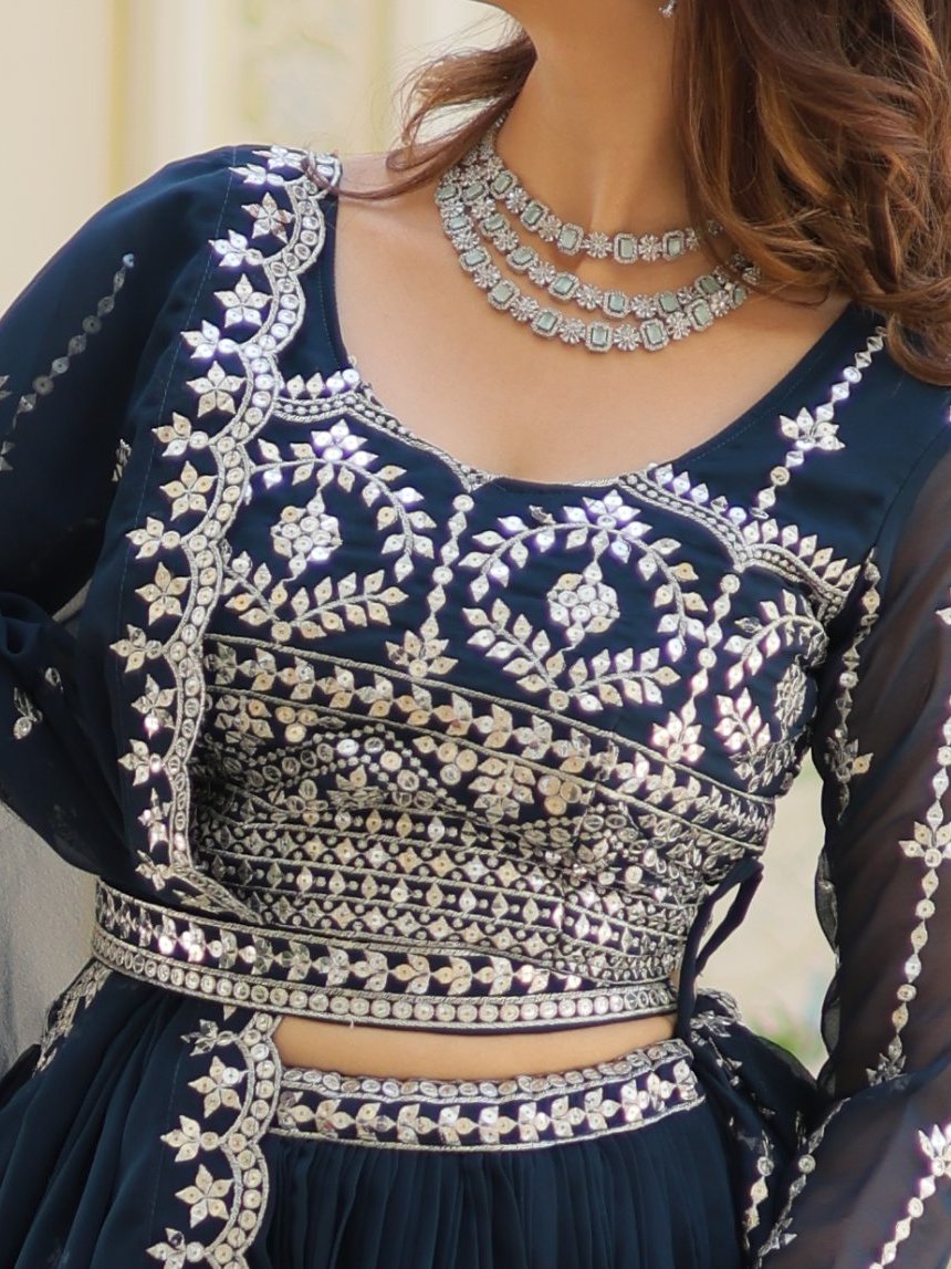 Alluring Navy Blue Sequins Georgette Wedding Wear Lehenga Choli